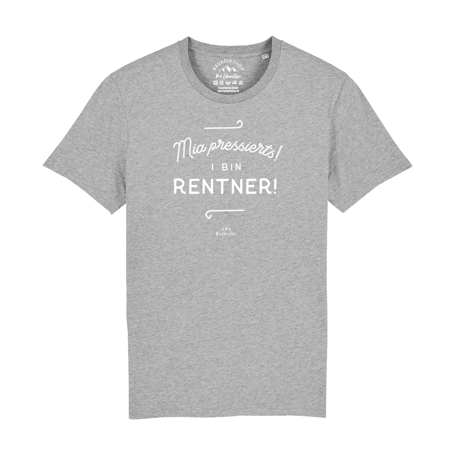 Herren T-Shirt mit bayerischem Spruch „Mia pressierts, i bin Rentner“, Rundhals, aus Bio-Baumwolle in Grau meliert.