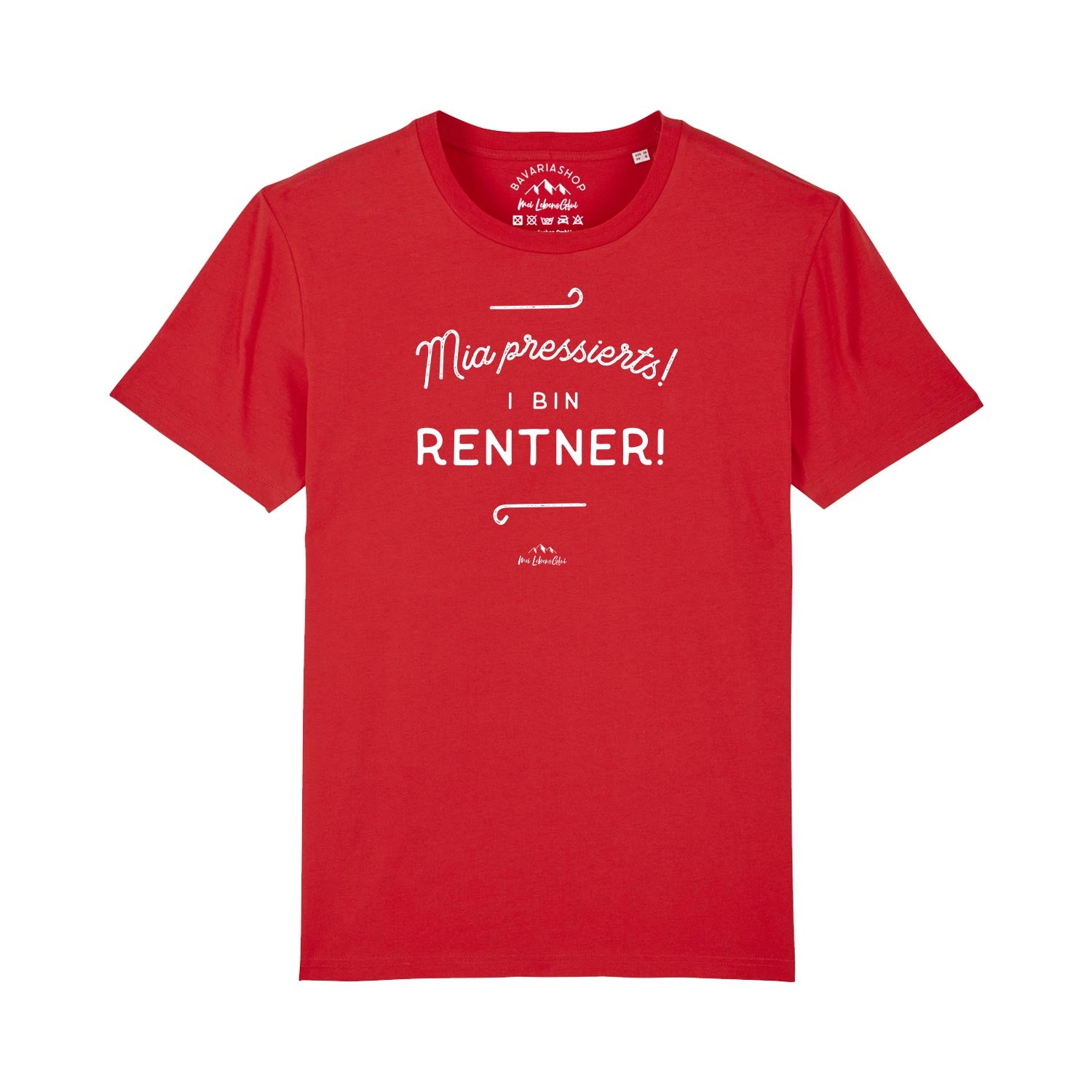 Rotes Herren-T-Shirt mit weißem Aufdruck „Mia pressierts, i bin Rentner“, aus 100 % Bio-Baumwolle.
