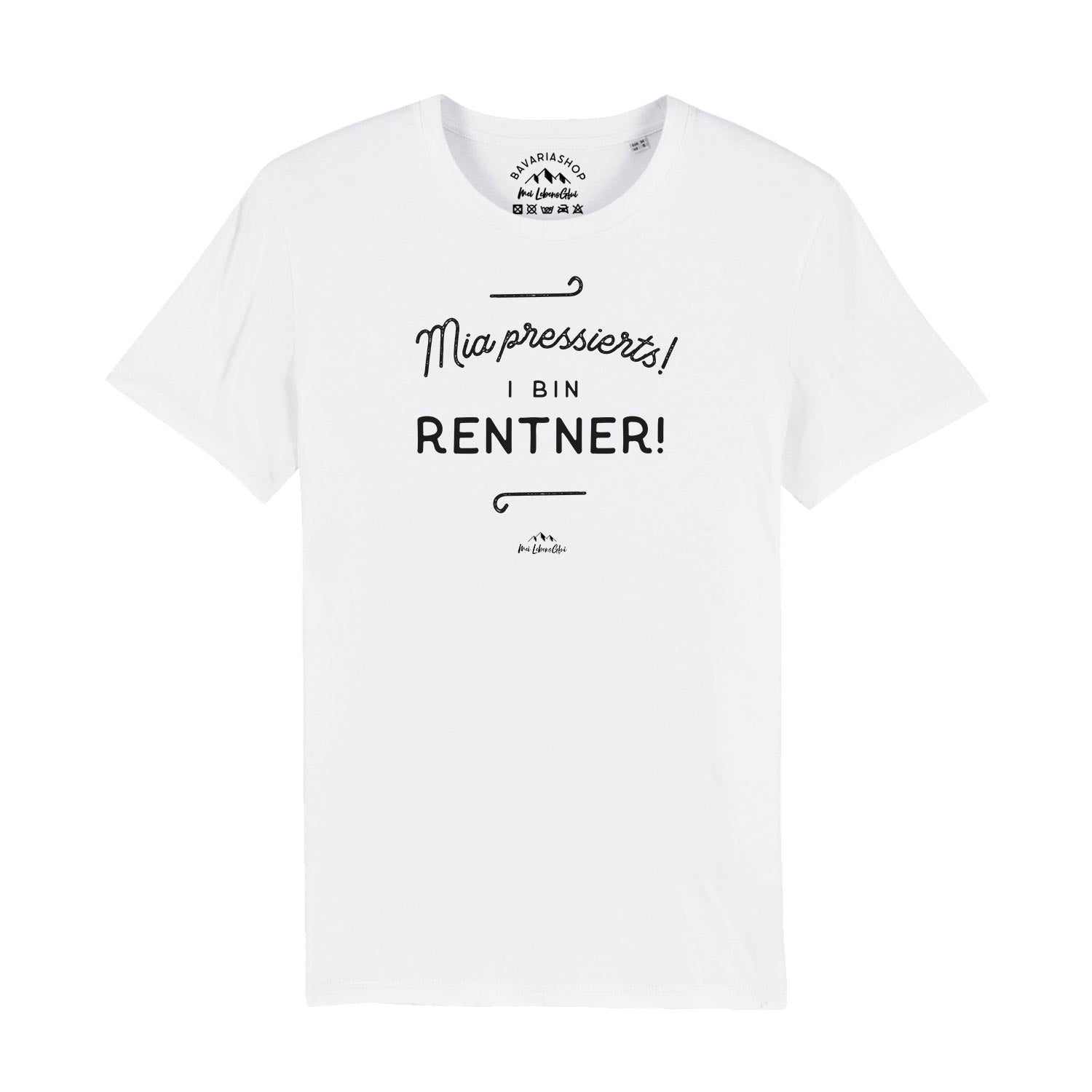 Weißes Herren-T-Shirt mit bayerischem Mundart-Schriftzug „Mia pressierts, i bin Rentner“ aus Bio-Baumwolle.
