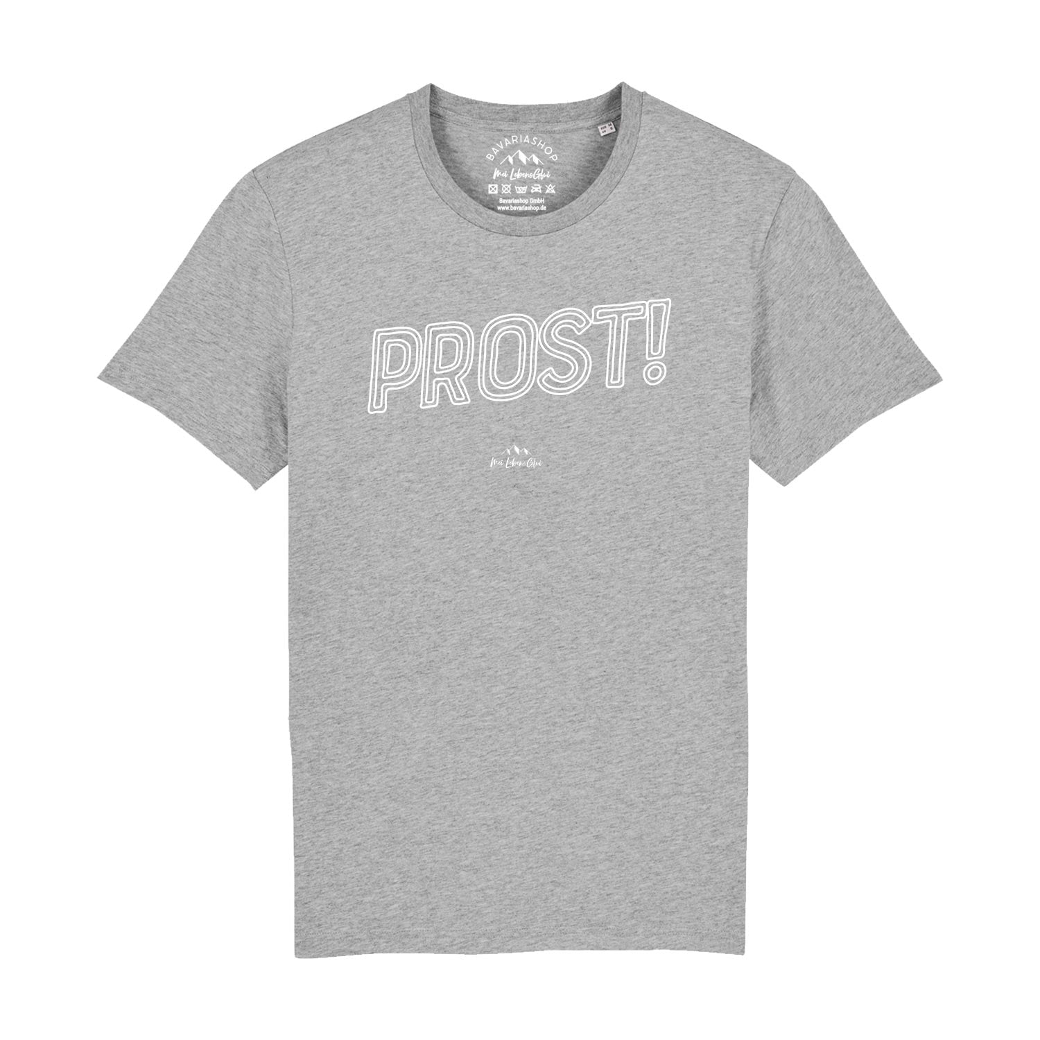 Graues Herren-T-Shirt mit "Prost!"-Schriftzug auf der Brust, kurzärmelig, aus 100 % Bio-Baumwolle.