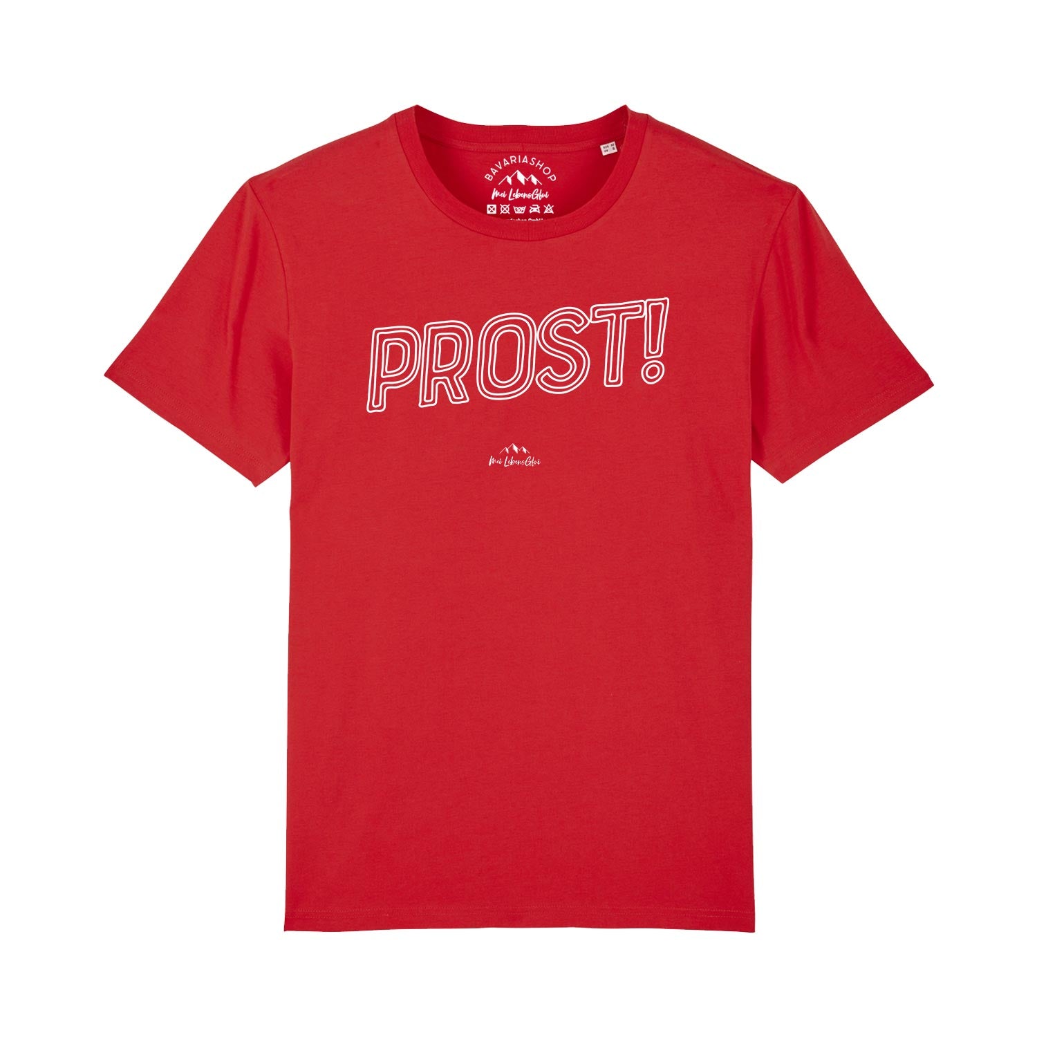 Herren T-Shirt mit großem "Prost!"-Schriftzug auf der Brust, klassischer Rundhalsausschnitt, aus 100 % Bio-Baumwolle.
