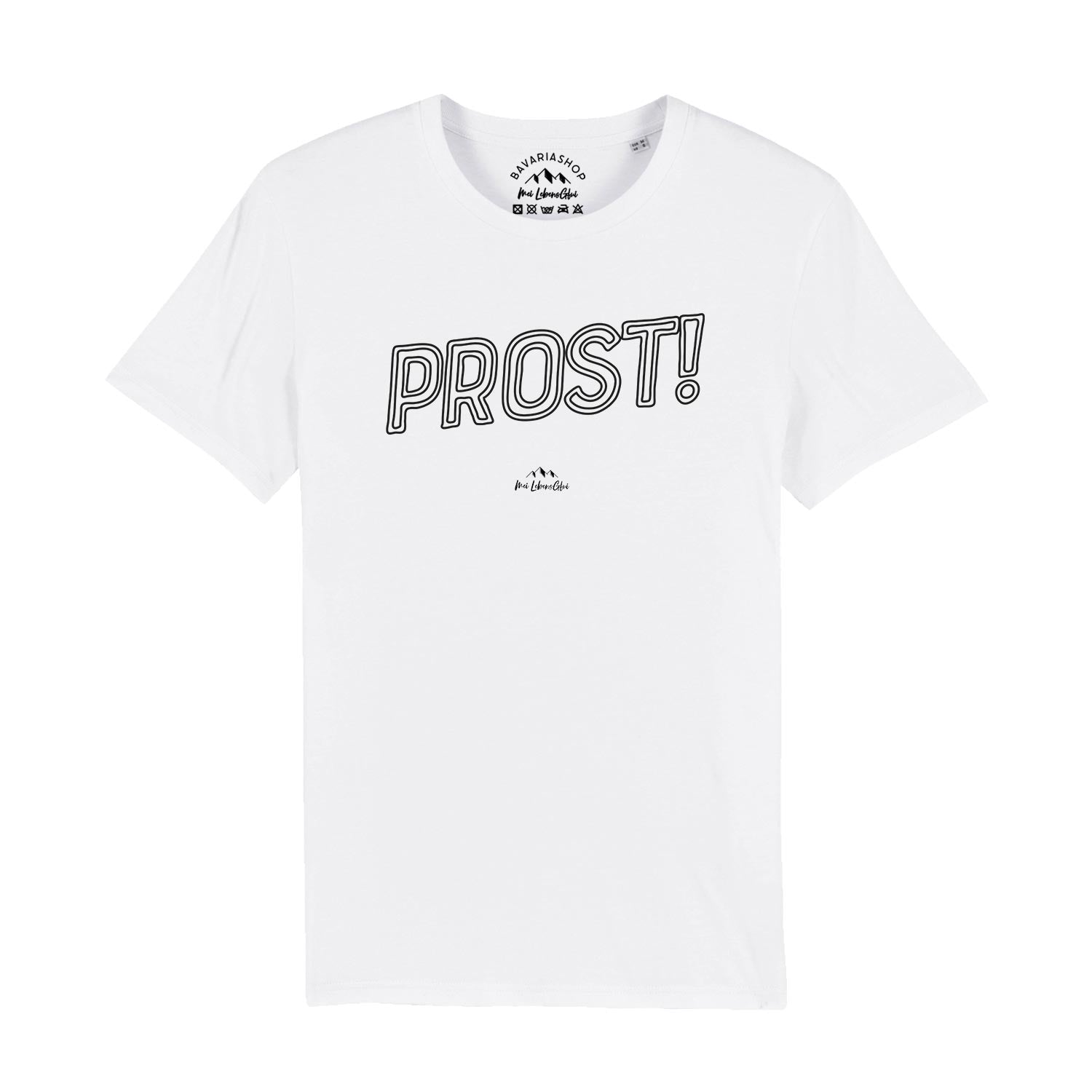 Herren T-Shirt mit zentralem „Prost!“-Schriftzug, kurzer Ärmel, Rundhalsausschnitt, 100 % Bio-Baumwolle, weiß.