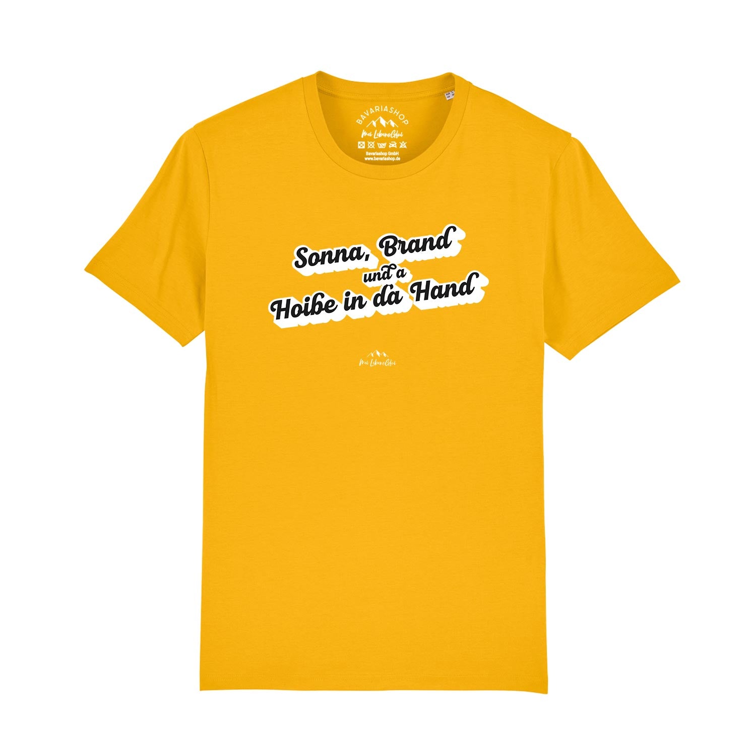 Herren T-Shirt mit Mundart-Schriftzug „Sonna, Brand und a Hoibe in da Hand“, aus Bio-Baumwolle, unifarben.