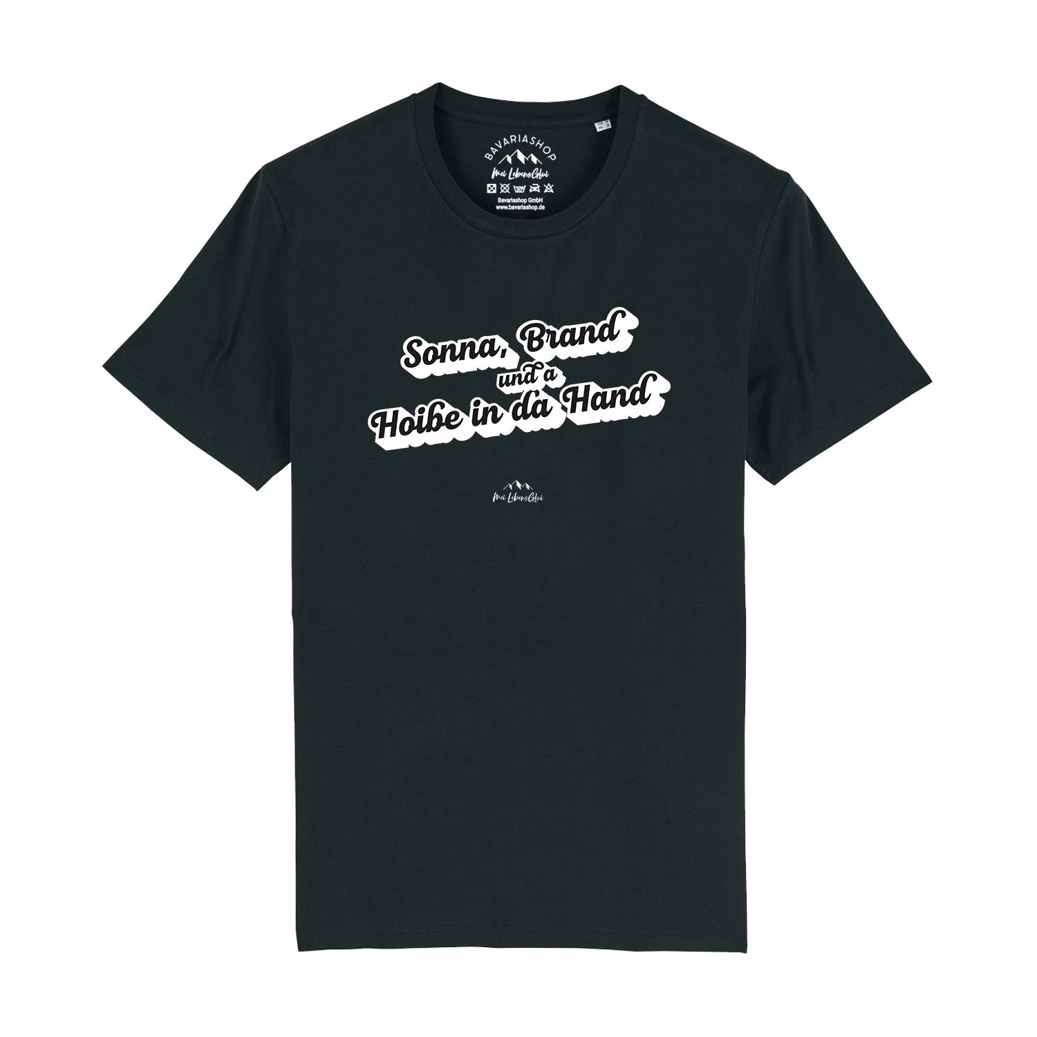 Schwarzes Herren-T-Shirt mit weißem Frontprint „Sonna, Brand und a Hoibe in da Hand“, 100 % Bio-Baumwolle.