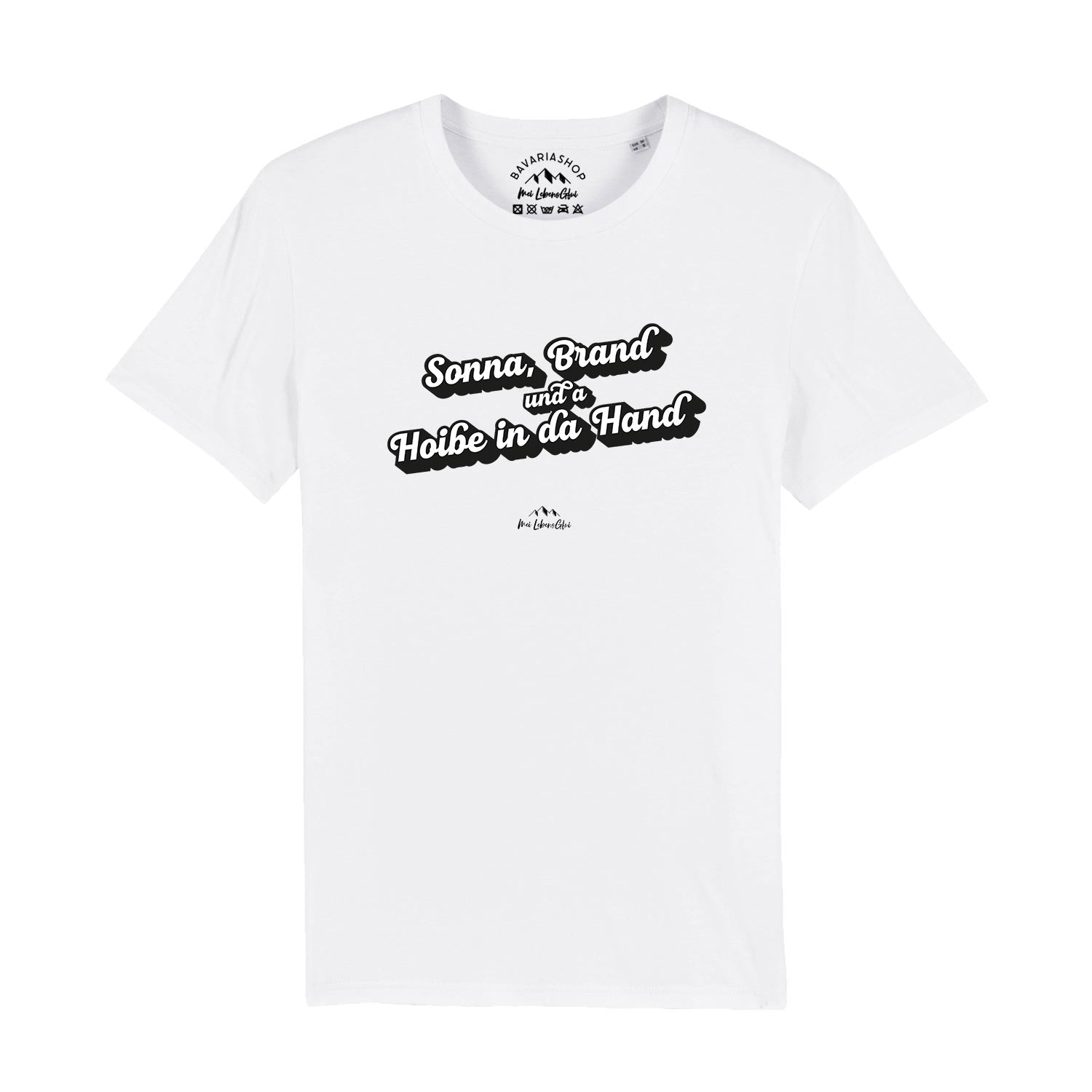 Herren T-Shirt mit bayerischem Spruch "Sonna, Brand und a Hoibe in da Hand", Motivdruck vorne, aus Bio-Baumwolle.