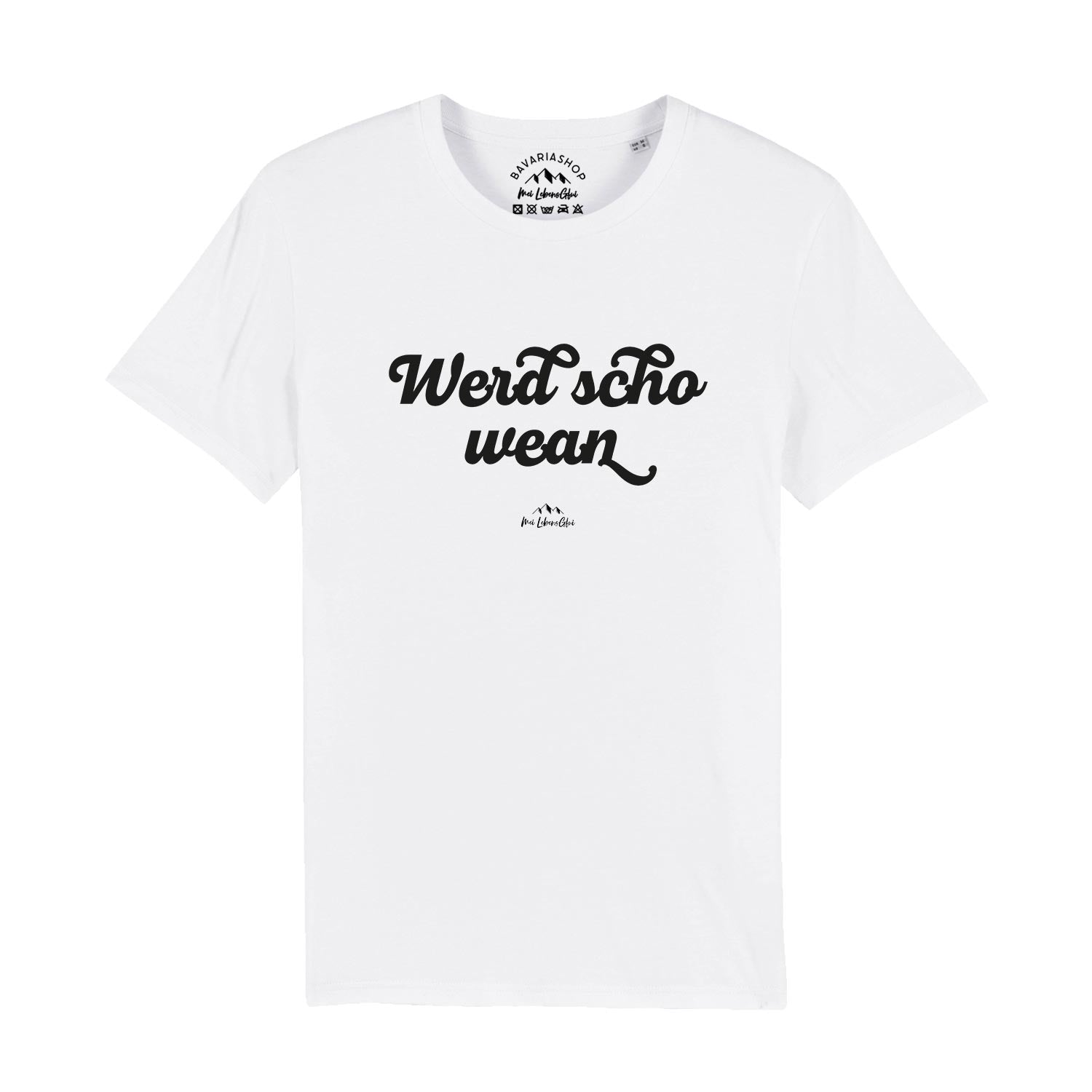 Weißes Herren T-Shirt mit Frontschriftzug „Wead scho wean“ in schwarz; aus 100 % Bio-Baumwolle.