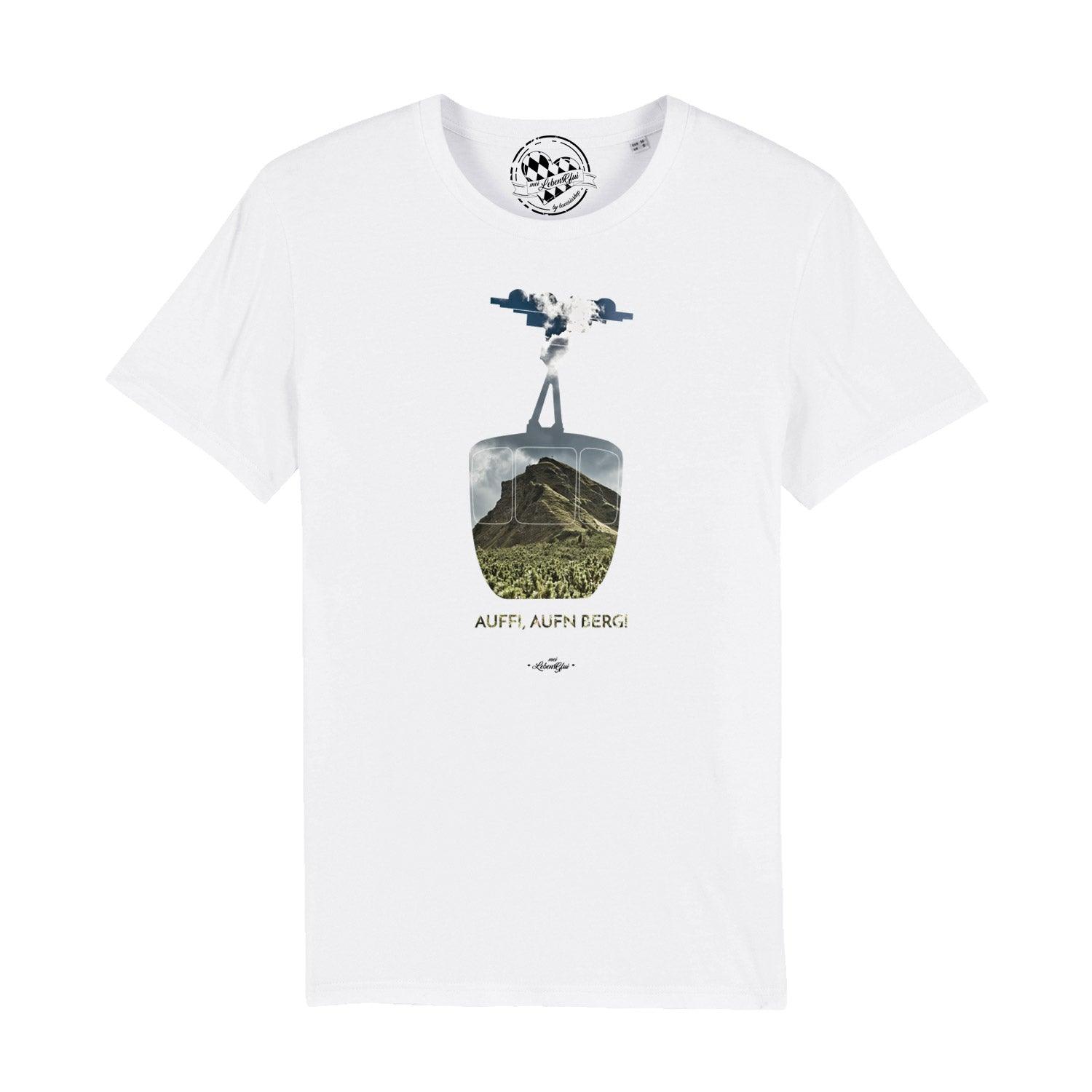 Schwarzes Herren-T-Shirt mit weißem Frontdruck „Auffi, auf’n Berg!“ im bayerischen Dialekt, aus 100% Bio-Baumwolle.