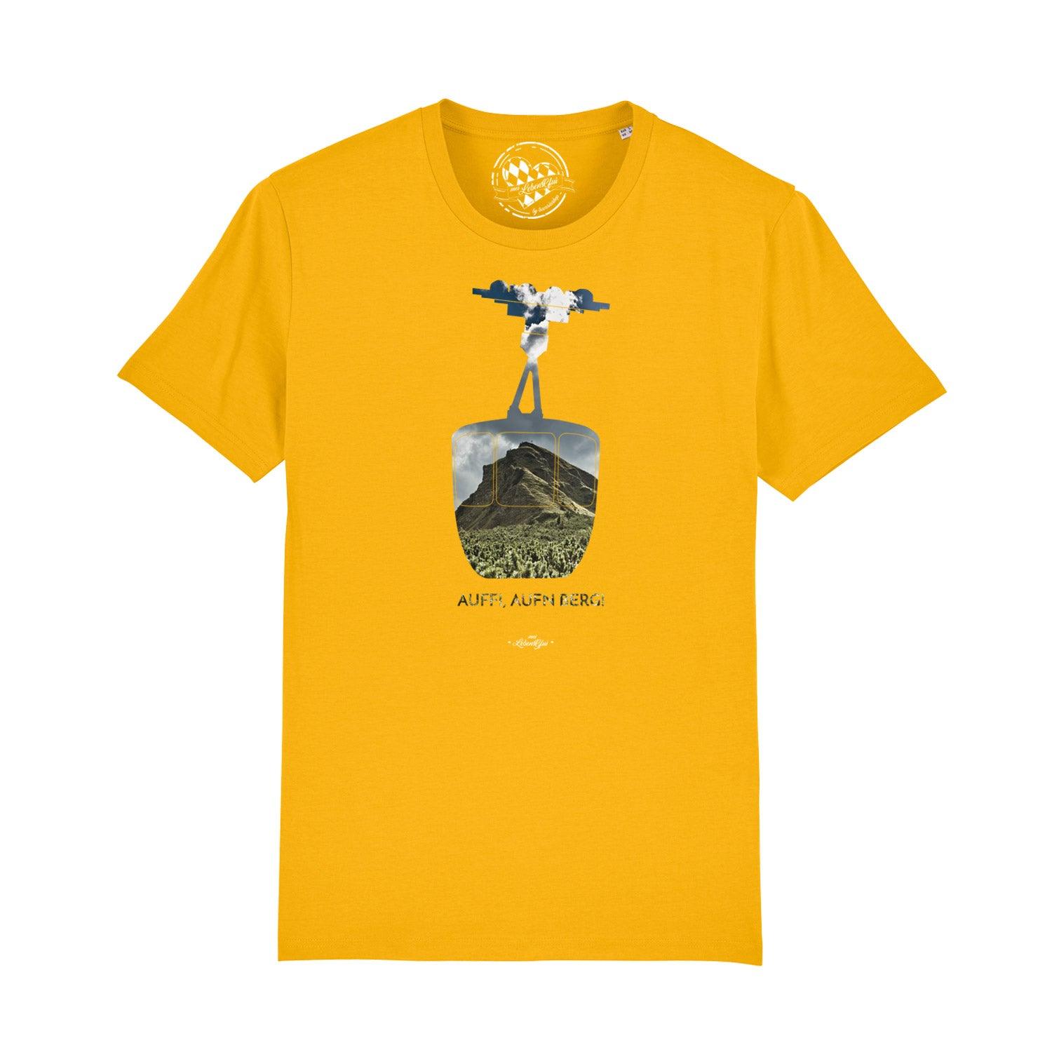 Schwarzes Herren-T-Shirt mit weißem Schriftzug „Auffi, aufn Berg!“, klassisch geschnitten aus 100 % Bio-Baumwolle.