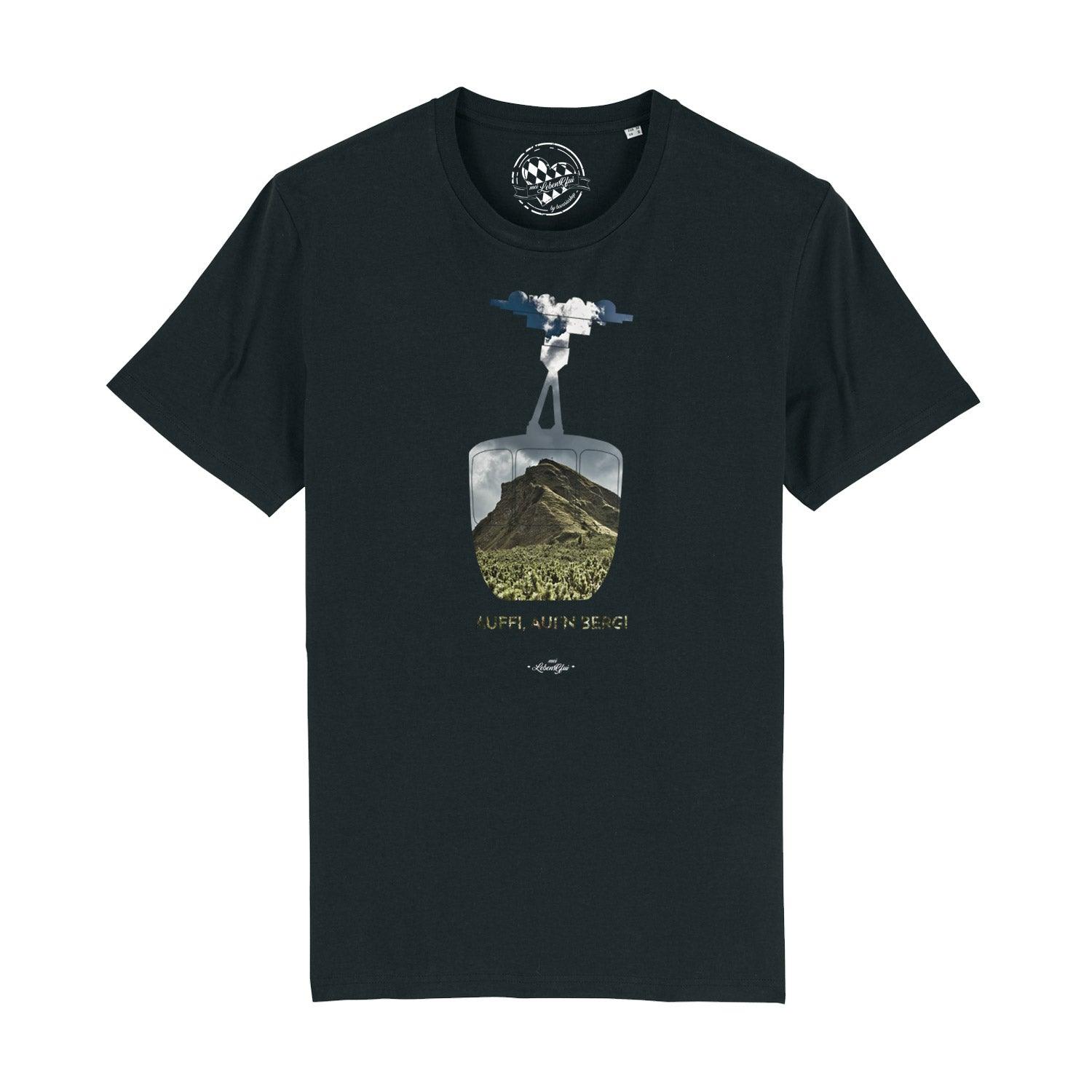 Schwarzes Herren-T-Shirt mit Frontdruck „Auffi, aufn Berg!“, Bio-Baumwolle, Kurzarm, weißer Schriftzug.