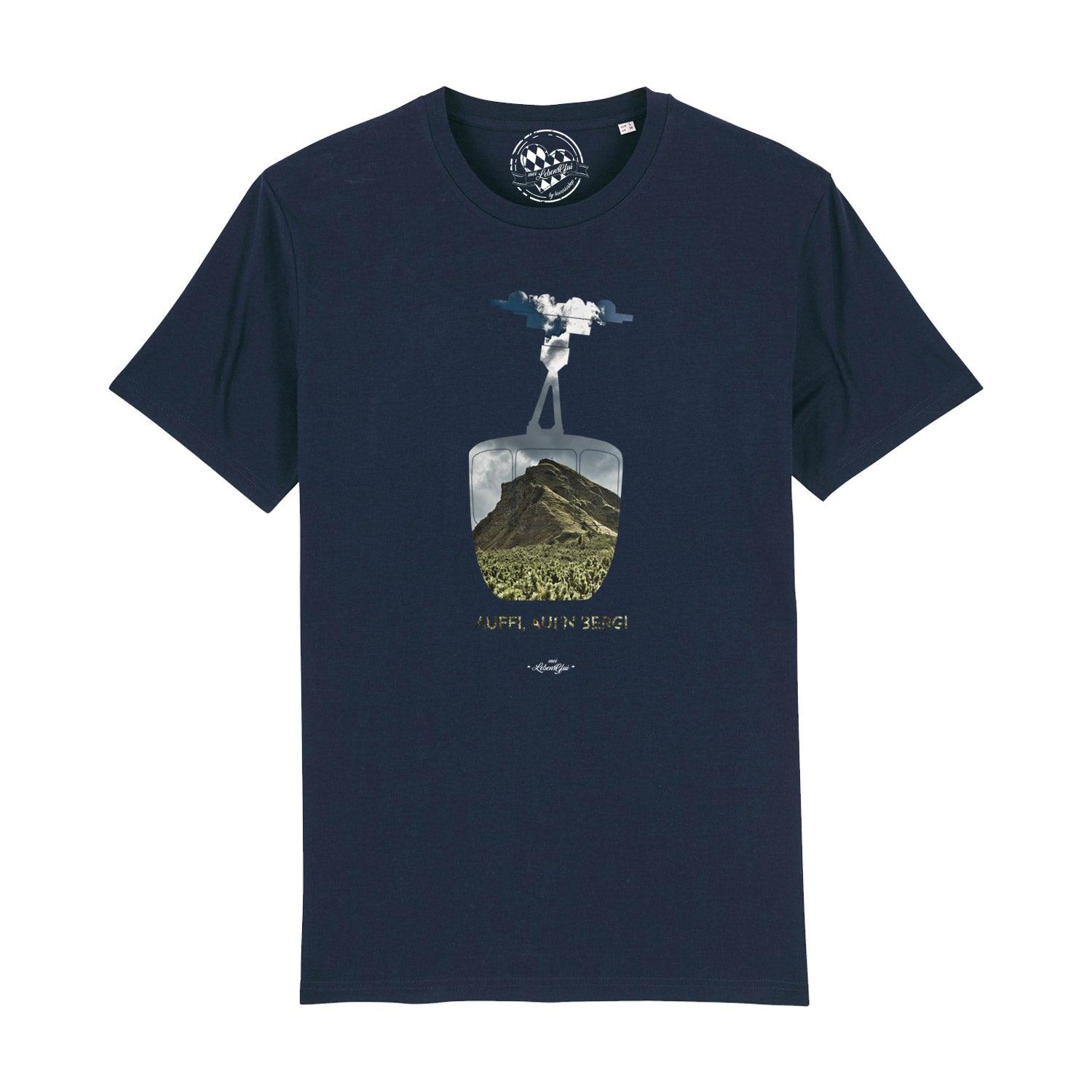 Schwarzes Herren-T-Shirt mit weißem Schriftzug „Auffi, aufn Berg!“, klassischer Schnitt, 100 % Bio-Baumwolle.