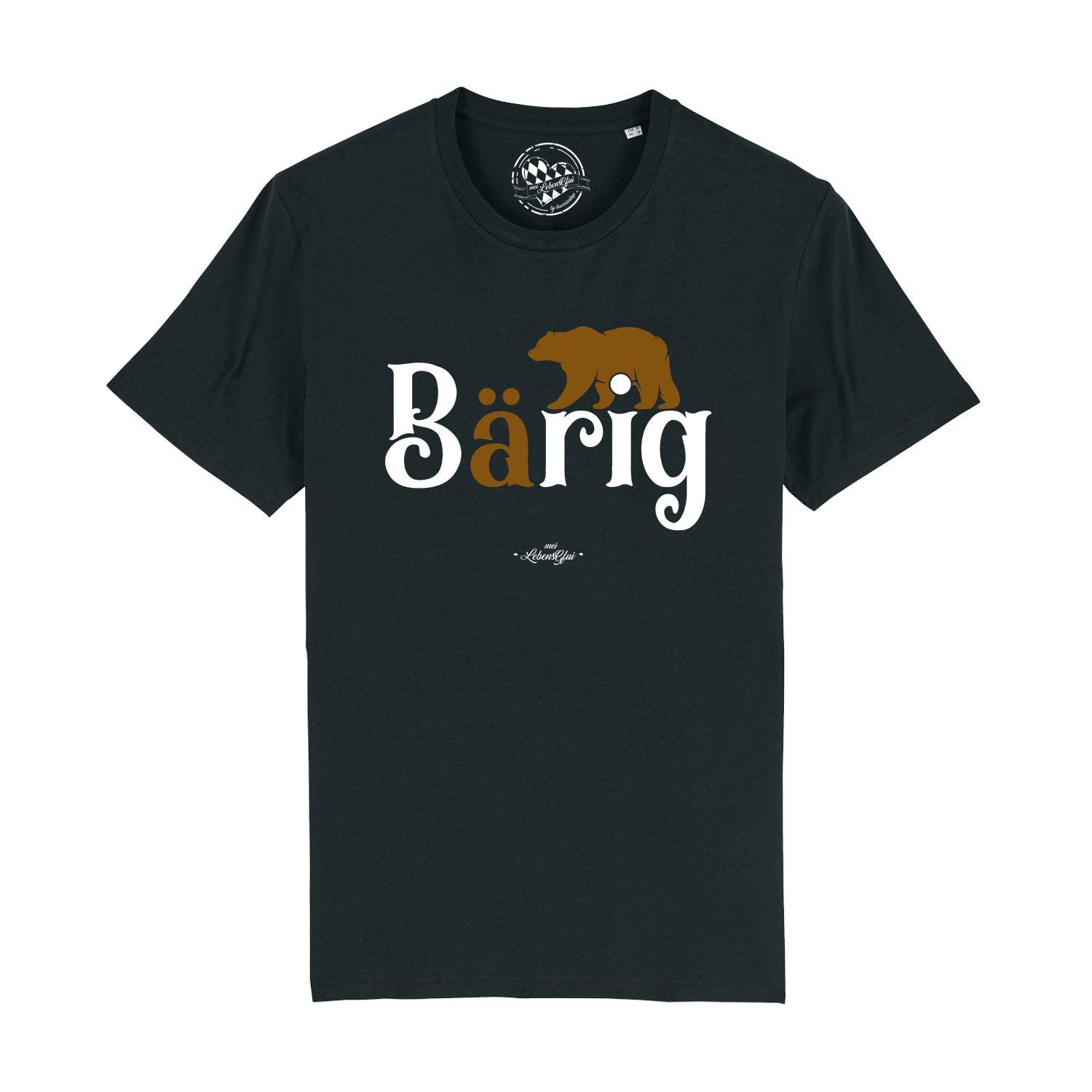 Schwarzes Herren-T-Shirt mit Bär-Motiv und Schriftzug „bärig“, aus 100 % Bio-Baumwolle, digital bedruckt.
