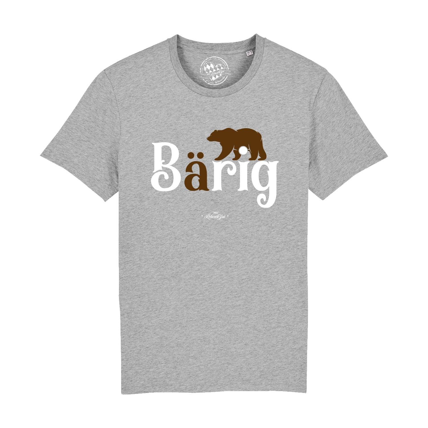 Dunkelblaues Herren-T-Shirt mit weißem Bär-Motiv und Schriftzug „Bärig“, Rundhals, aus 100 % Bio-Baumwolle.