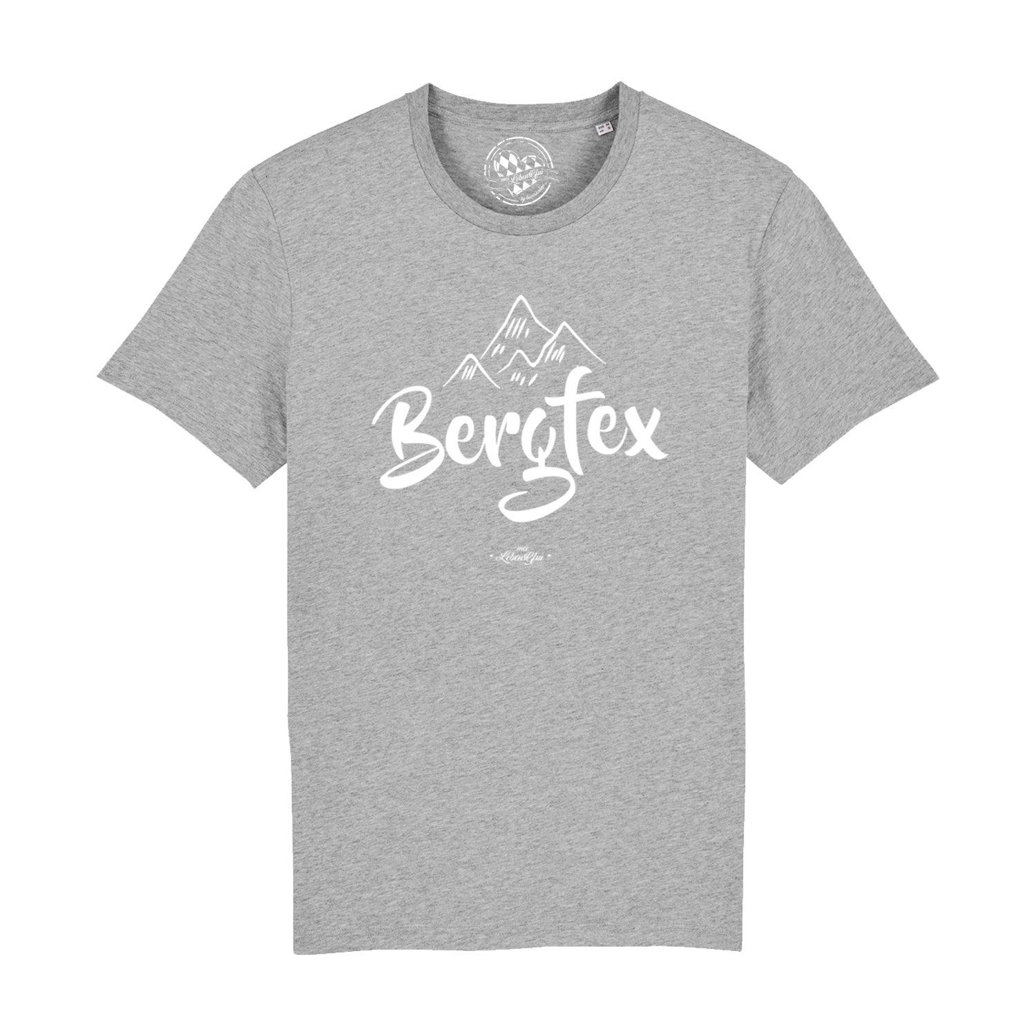 Graues Herren-T-Shirt mit weißem „Bergfex“-Schriftzug auf der Brust, aus 100 % Bio-Baumwolle, klassischer Schnitt.