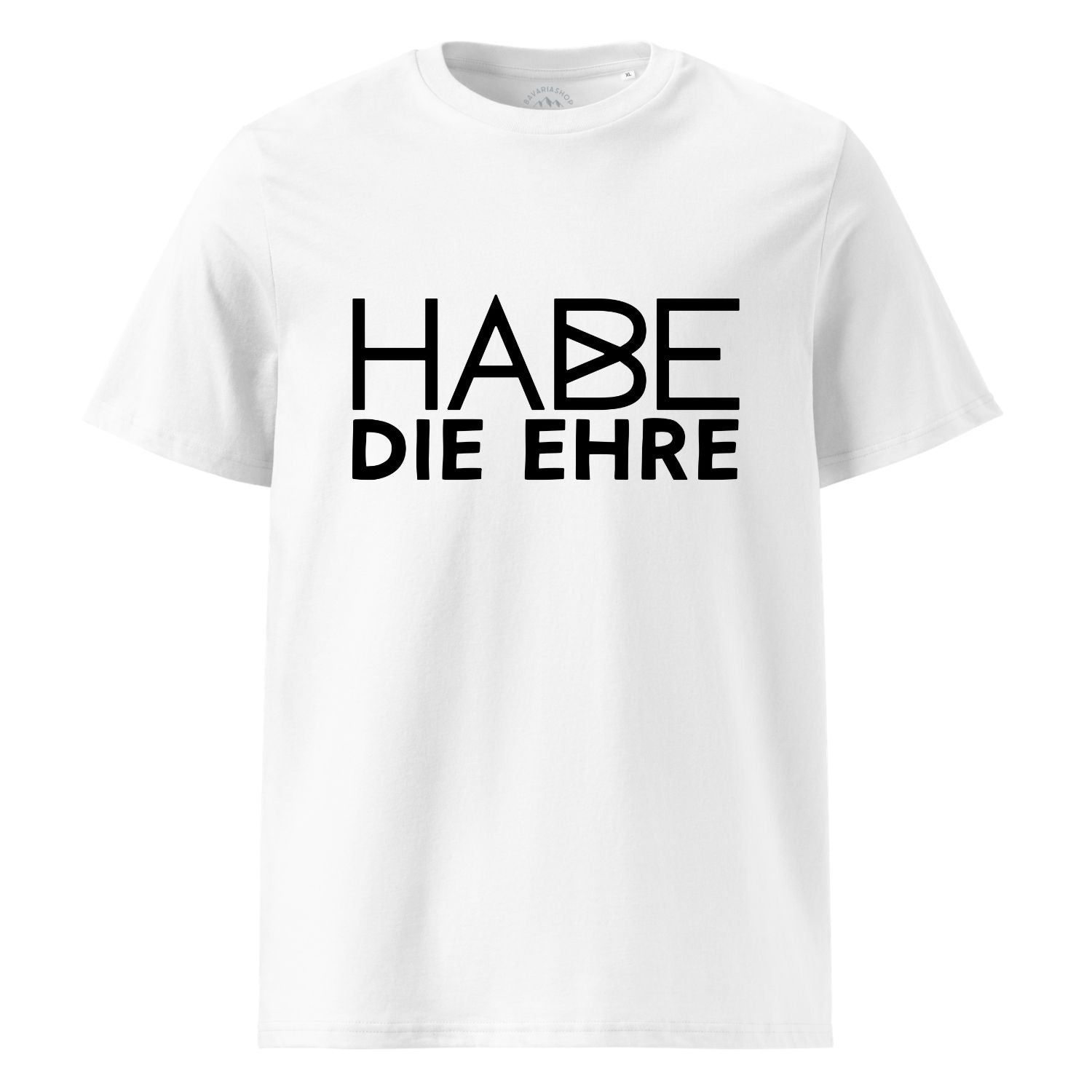Herren T-Shirt weiß mit schwarzem Aufdruck Habe die Ehre. Rundhals, Kurzarm, reine Baumwolle.