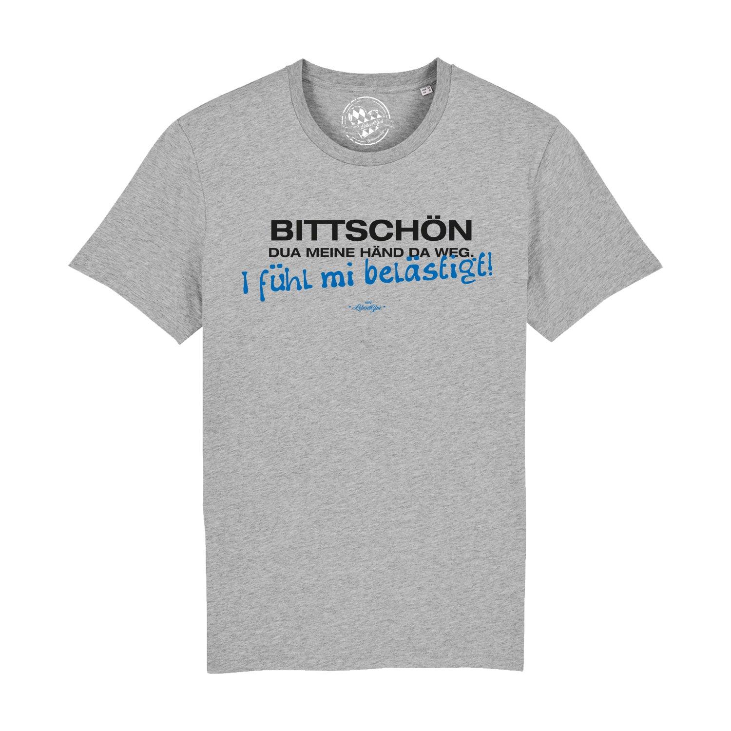 Schwarzes Herren-T-Shirt mit weißem Brust-Aufdruck „Händ weg“, Rundhalsausschnitt, 100 % Bio-Baumwolle.