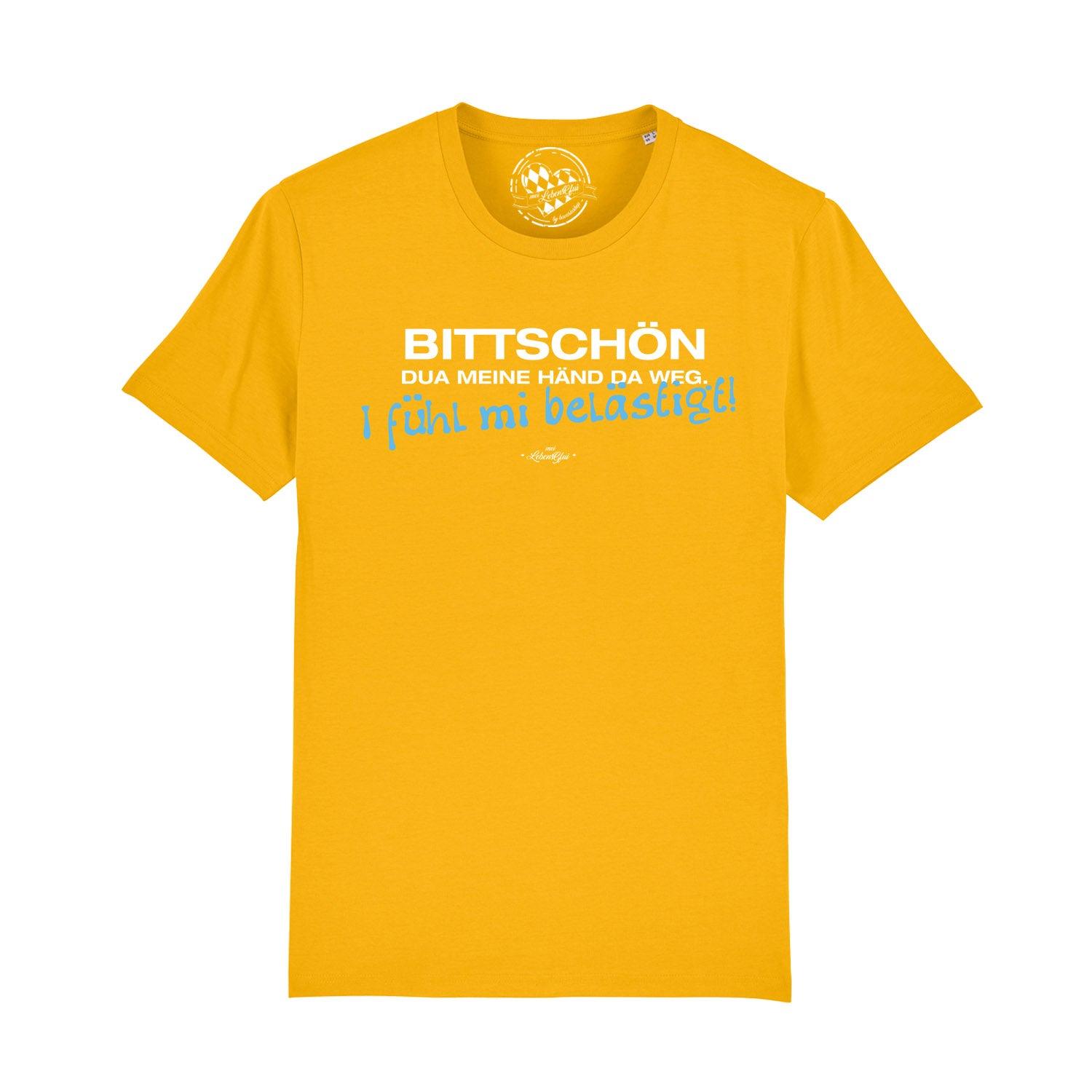 Schwarzes Herren-T-Shirt mit weißem „Händ weg!“-Schriftzug, kurzer Ärmel, aus 100 % Bio-Baumwolle.