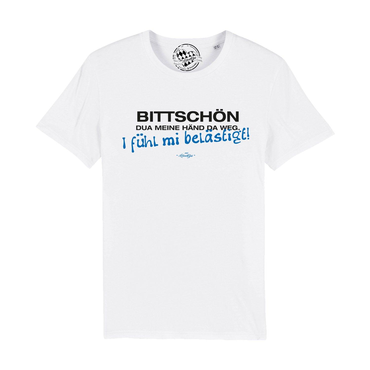 Schwarzes Herren-T-Shirt mit weißem „Händ weg!“-Schriftzug, Rundhalsausschnitt, aus 100 % Bio-Baumwolle.