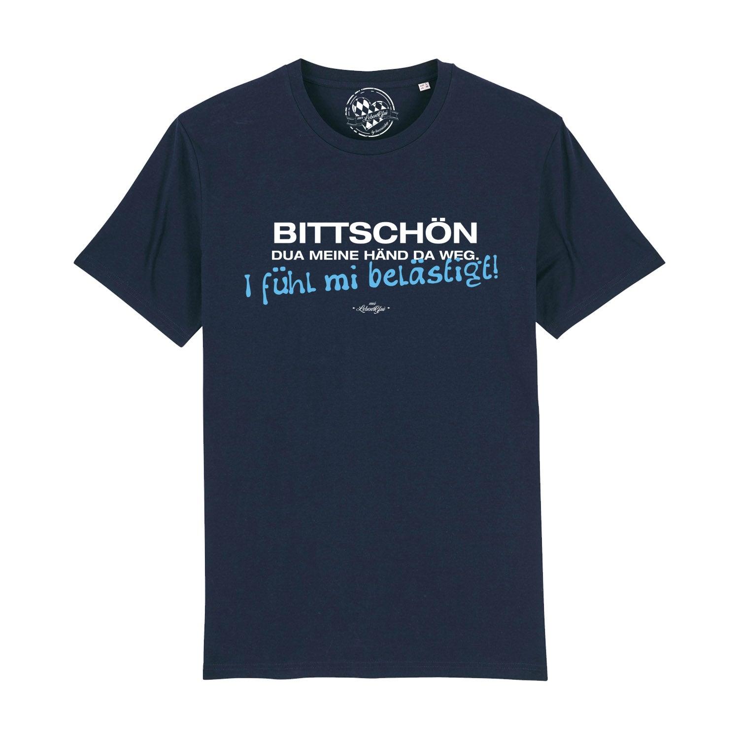 Schwarzes Herren-T-Shirt mit weißem Aufdruck „Händ weg“, Rundhals, aus 100 % Bio-Baumwolle, modern geschnitten.