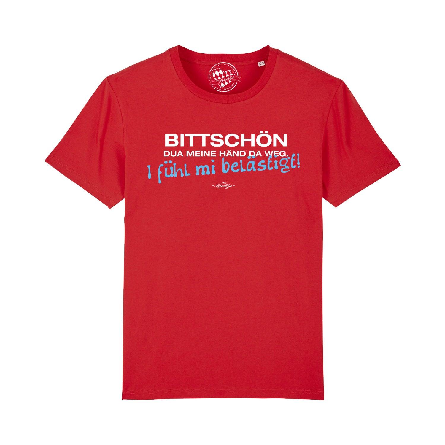 Schwarzes Herren-T-Shirt mit weißem Frontprint „Händ weg!“, Rundhalsausschnitt, aus 100 % Bio-Baumwolle.