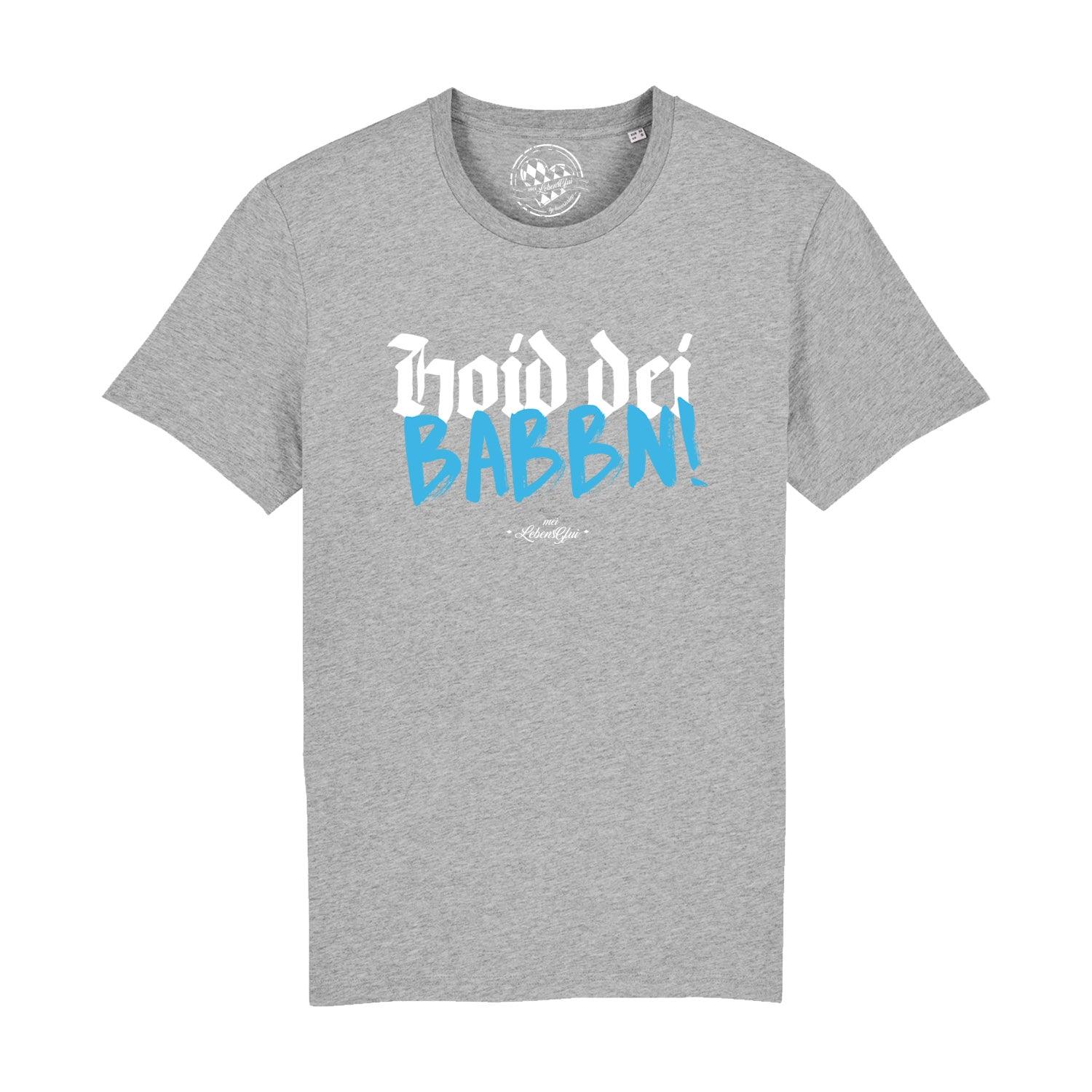 Schwarzes Herren-T-Shirt mit weißem Schriftzug „Hoid dei Babbn“, Rundhalsausschnitt, aus 100 % Bio-Baumwolle.