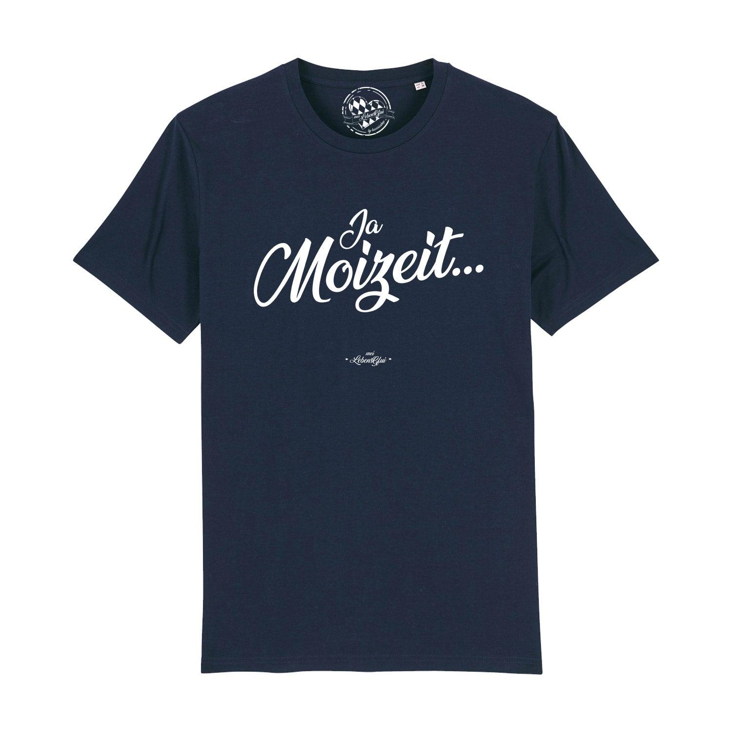 Schwarzes Herren-T-Shirt mit weißem Aufdruck „Ja, Moizeit“ in bayerischer Mundart, aus 100 % Bio-Baumwolle.