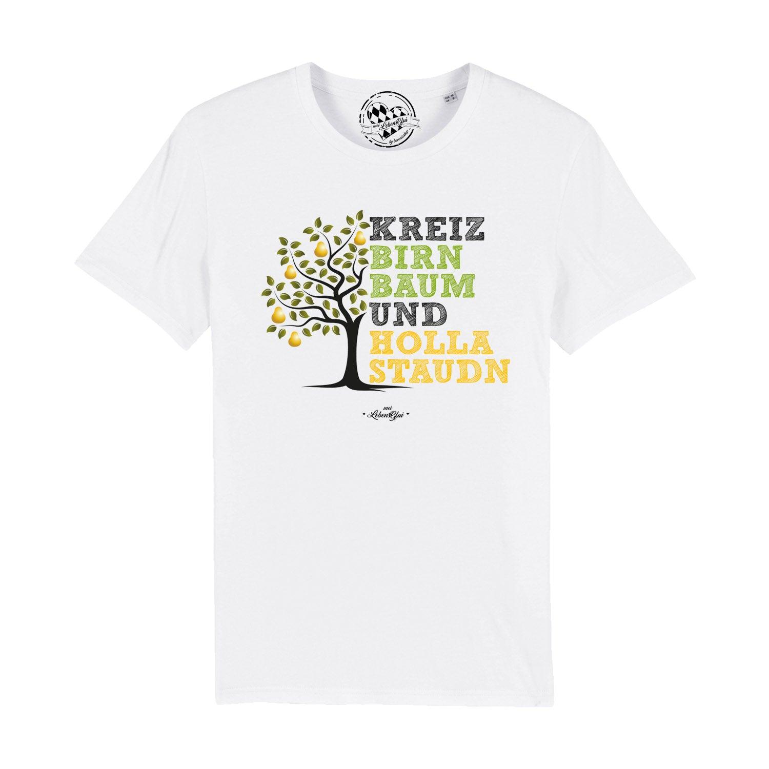 Schwarzes Herren-T-Shirt mit weißem „Kreizbirnbaum“-Schriftzug, Rundhalsausschnitt, 100 % Bio-Baumwolle.