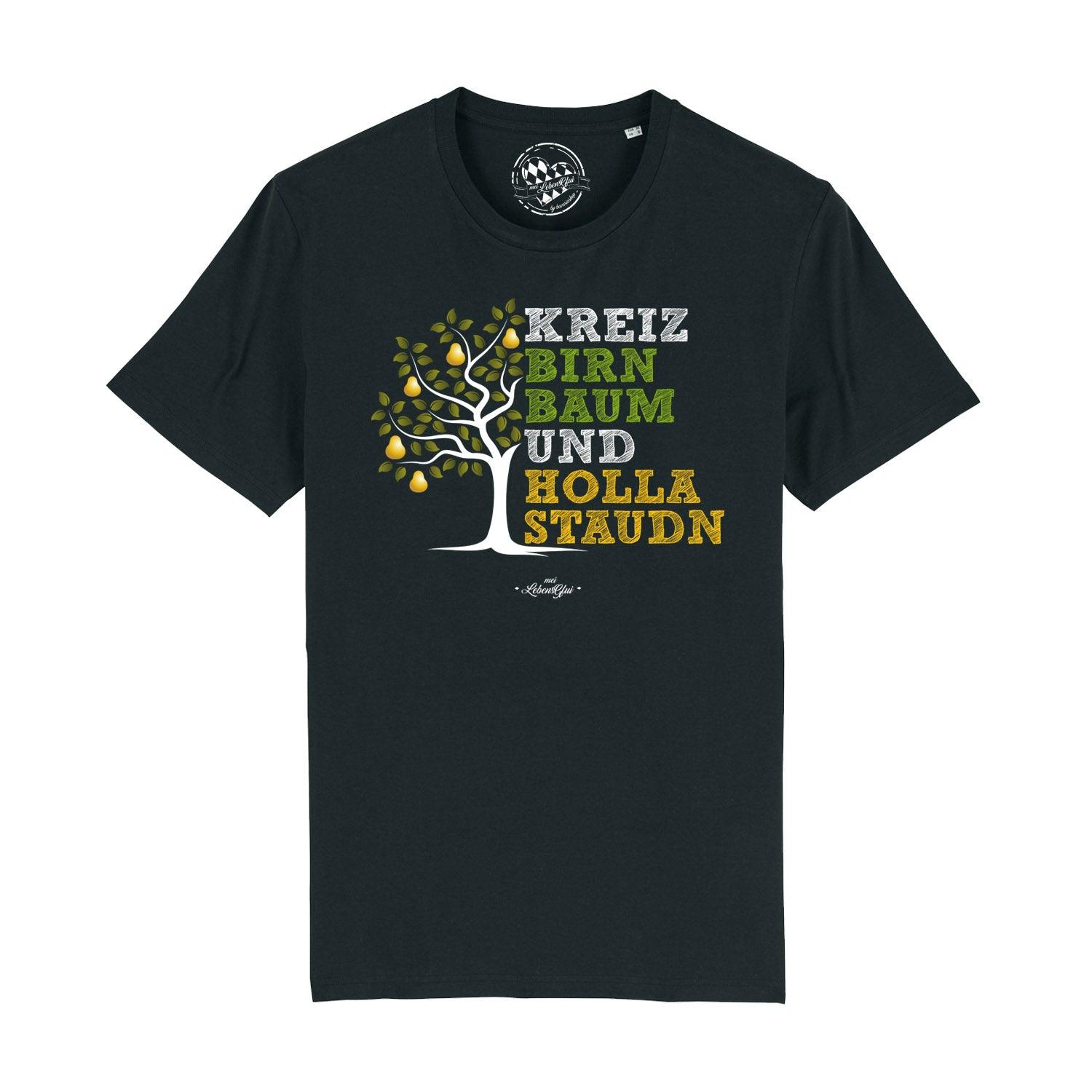 Schwarzes Herren-T-Shirt mit weißem „Kreizbirnbaum“-Schriftzug, Rundhalsausschnitt, 100 % Bio-Baumwolle.