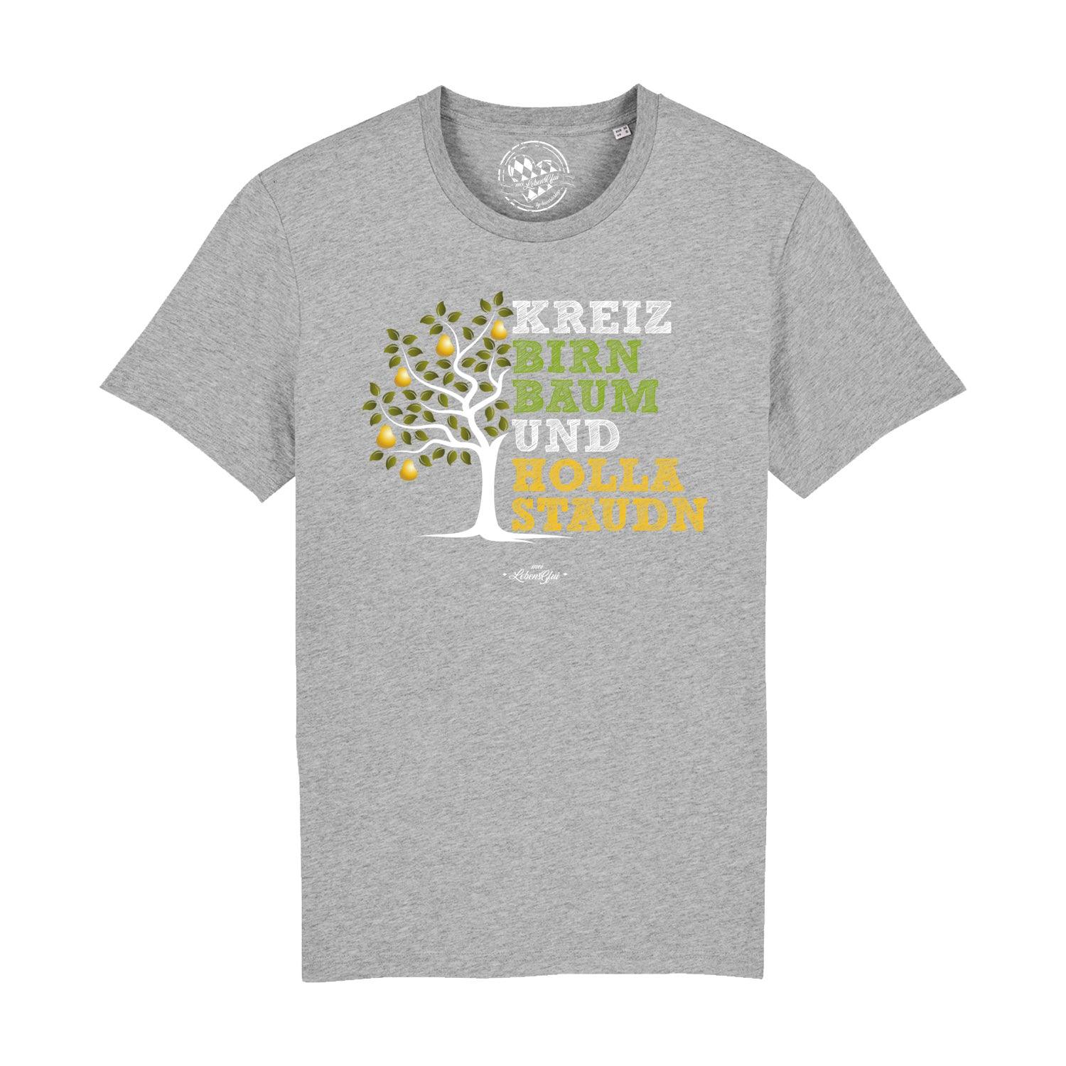 Schwarzes Herren-T-Shirt mit weißem „Kreizbirnbaum“-Schriftzug, Rundhalsausschnitt, aus 100 % Bio-Baumwolle.