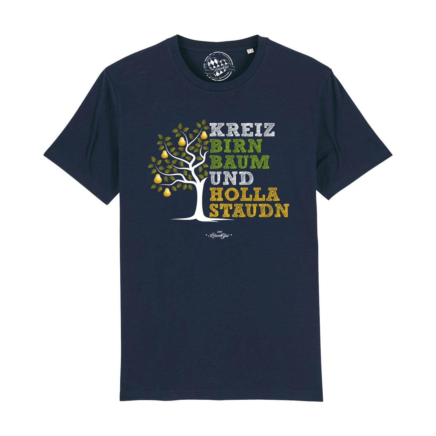 Schwarzes Herren-T-Shirt mit weißem "Kreizbirnbaum"-Schriftzug, Rundhals, aus 100 % Bio-Baumwolle, glatter Stoff.
