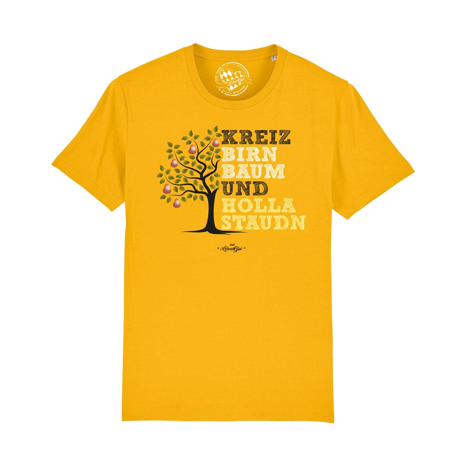 Schwarzes Herren-T-Shirt mit weißem „Kreizbirnbaum“-Schriftzug, Rundhalsausschnitt, 100 % Bio-Baumwolle.