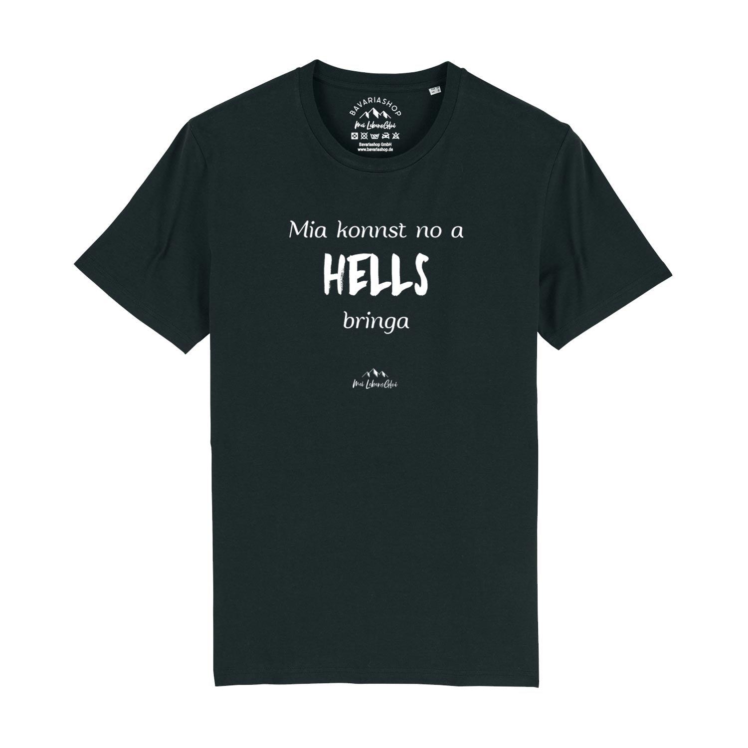 Herren T-Shirt mit bayerischem Schriftzug „Mia konnst no a Hells bringa“, aus Bio-Baumwolle mit Digitaldruck.