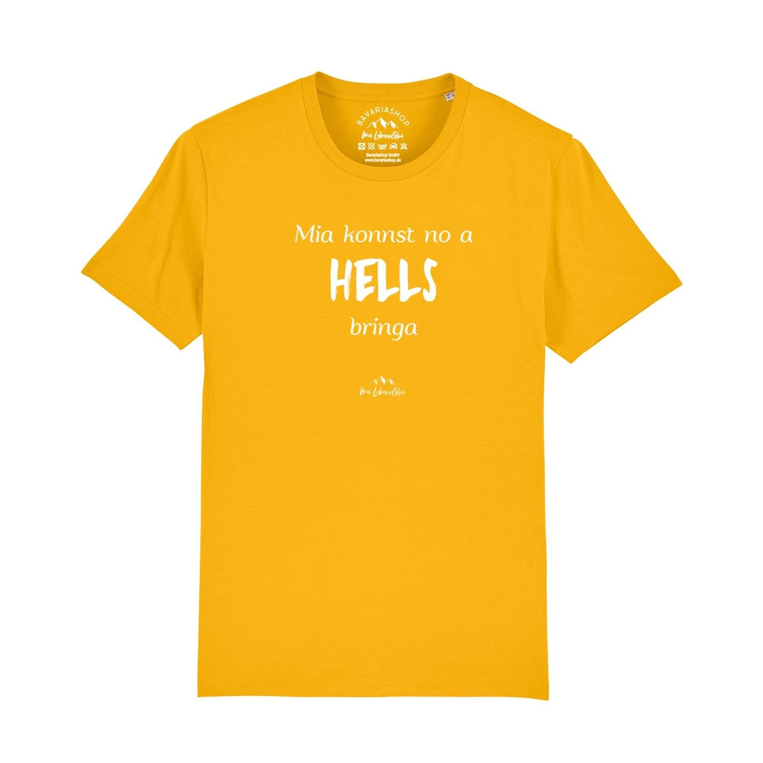 Herren T-Shirt mit großem Frontprint "Mia konnst no a Hells bringa", Rundhals, 100 % Bio-Baumwolle, Digitaldruck.