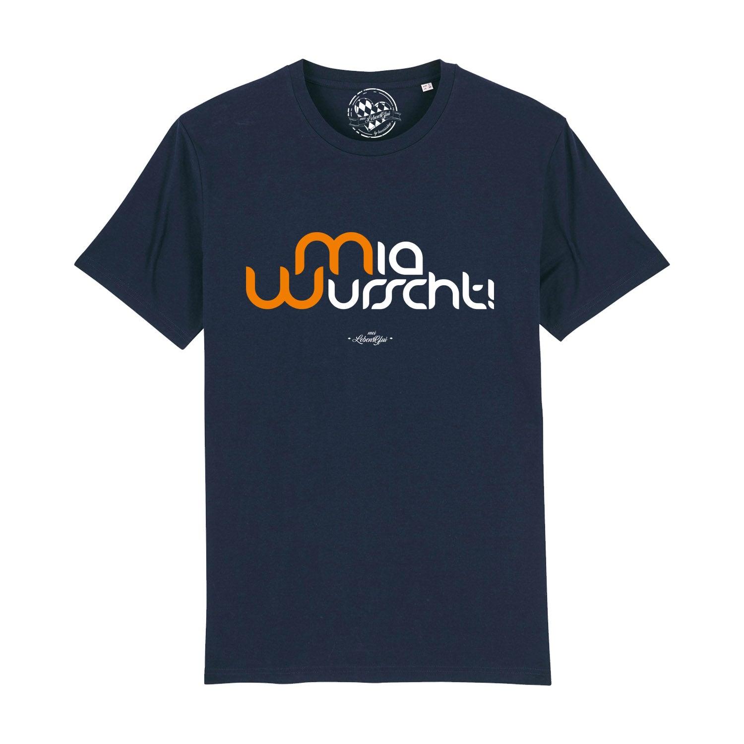 Graues Herren-T-Shirt mit Rundhalsausschnitt, Frontprint „Mia Wurscht!“ und bayerischem Dialektmotiv aus Bio-Baumwolle.