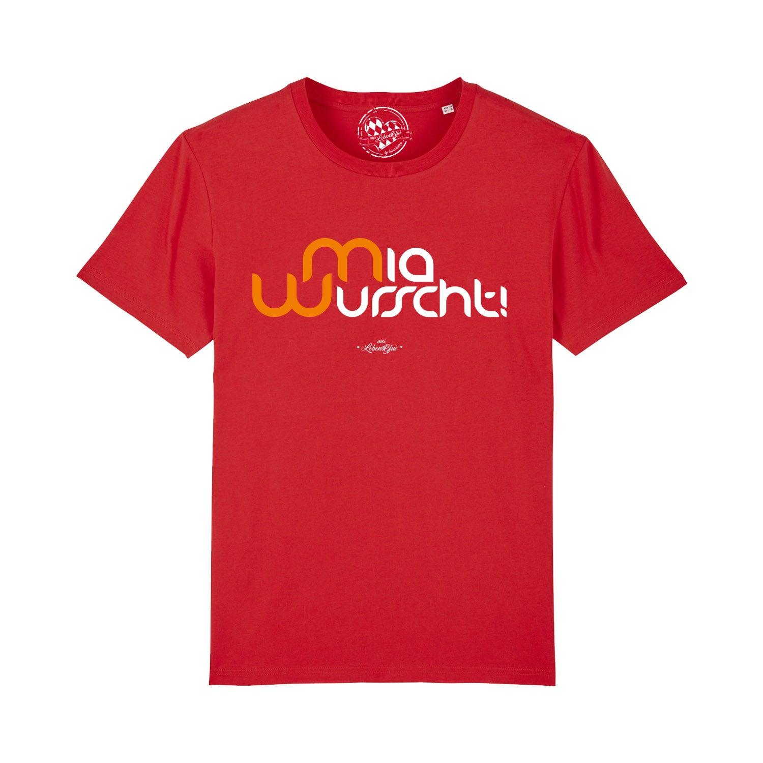 Graues Herren-T-Shirt mit weißem Frontprint „Mia Wurscht!“, Rundhalsausschnitt, aus 100 % Bio-Baumwolle.