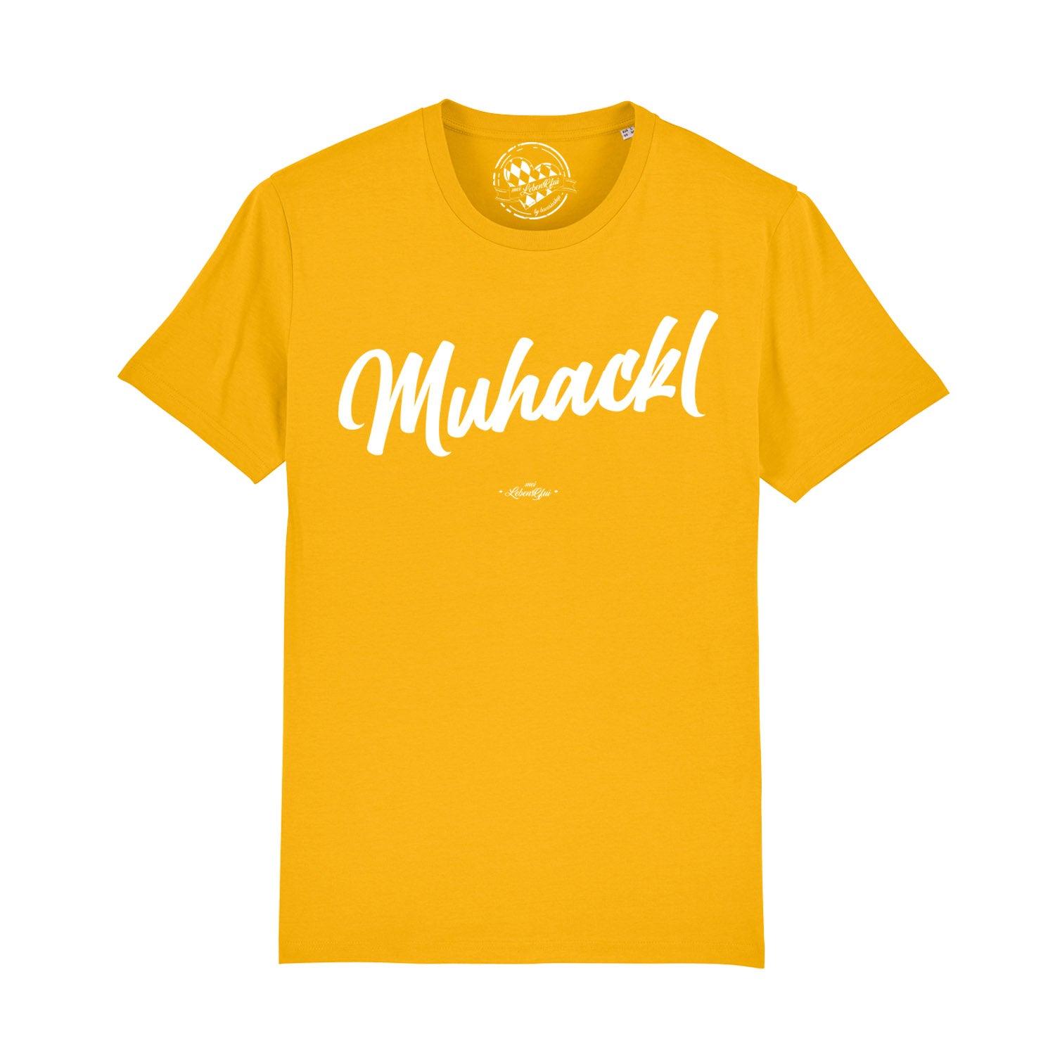 Graues Herren-T-Shirt mit weißem Brustaufdruck "Muhackl", Rundhalsausschnitt, aus 100 % Bio-Baumwolle.