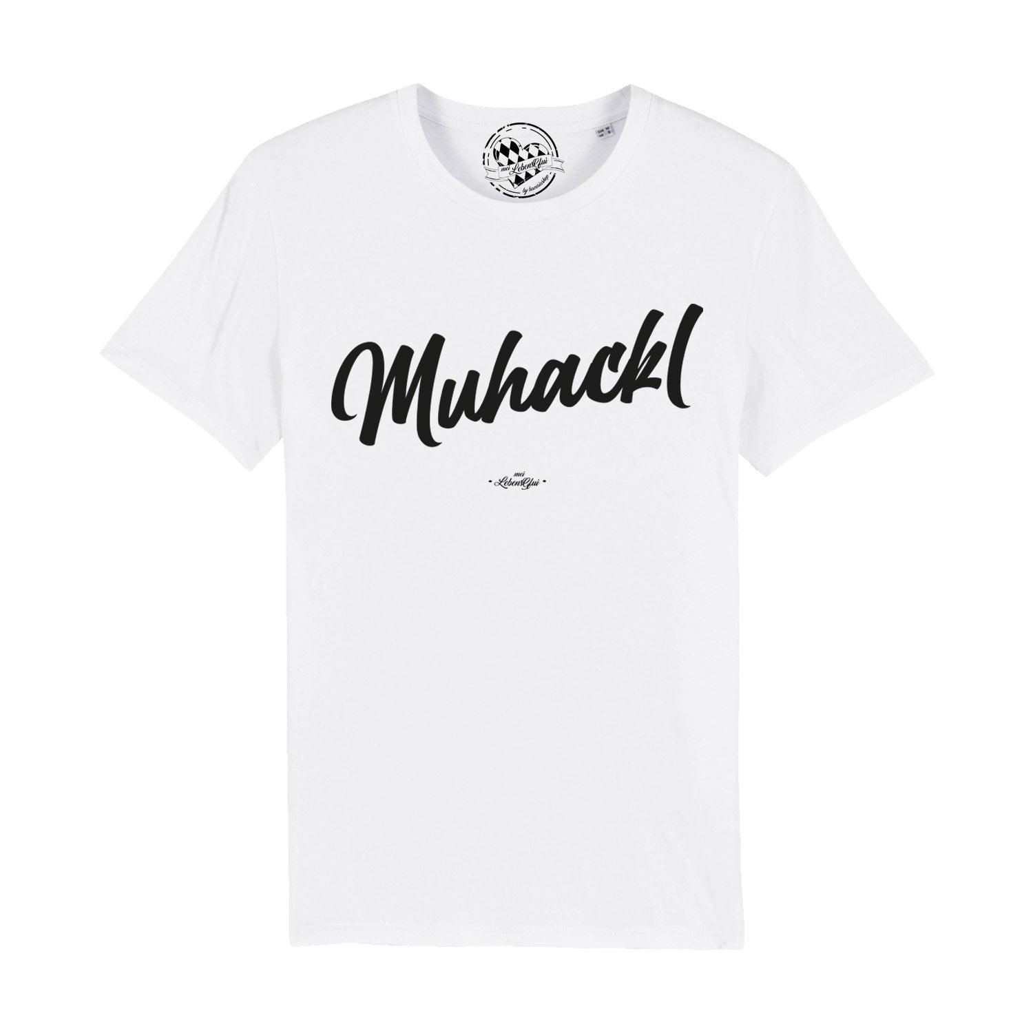 Herren T-Shirt in Dunkelblau mit weißem „Muhackl“-Schriftzug, Rundhals, 100 % Bio-Baumwolle, kurzarm.