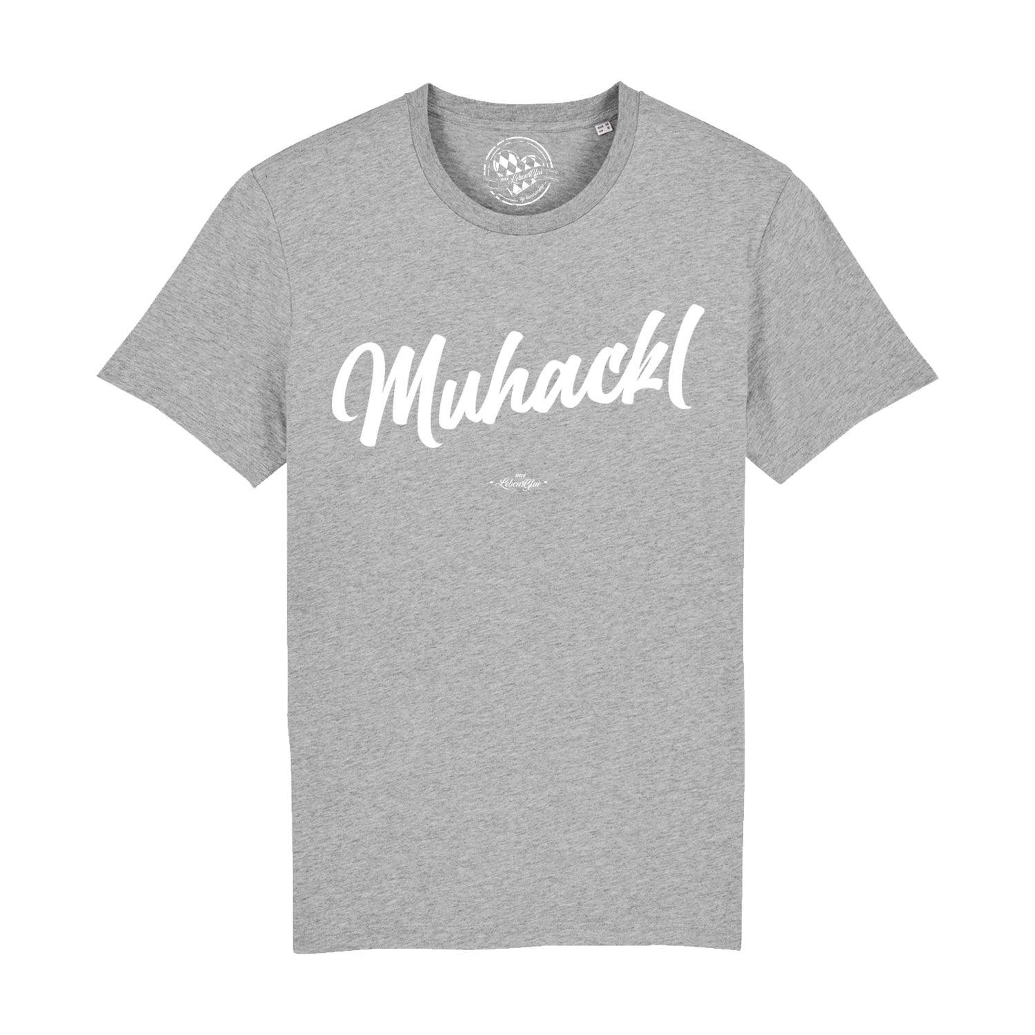 Schwarzes Herren-T-Shirt mit traditionellem "Muhackl"-Schriftzug, kurzärmelig, aus 100 % Bio-Baumwolle.