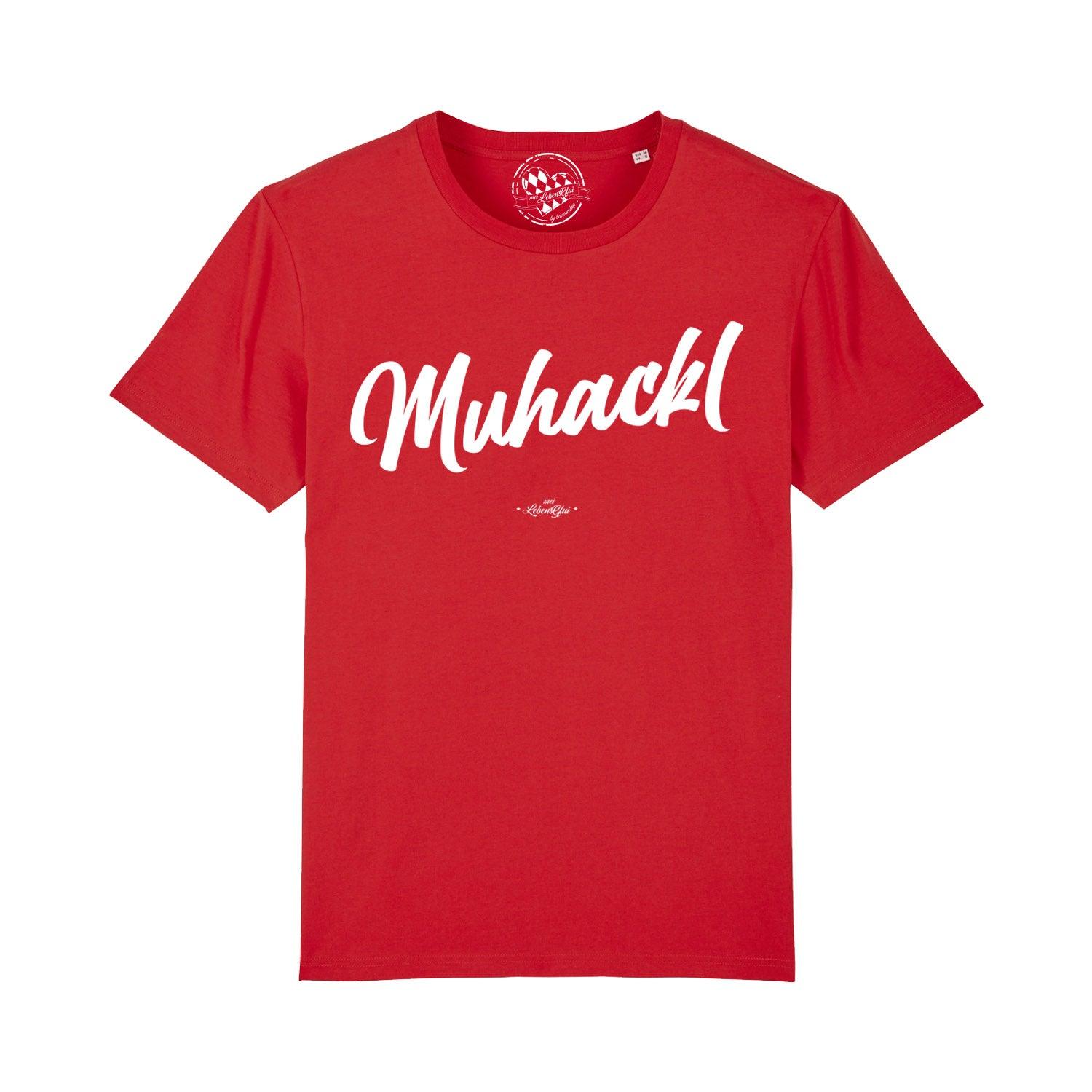 Schwarzes Herren-T-Shirt mit weißem "Muhackl"-Schriftzug, Rundhalsausschnitt, aus 100 % Bio-Baumwolle.