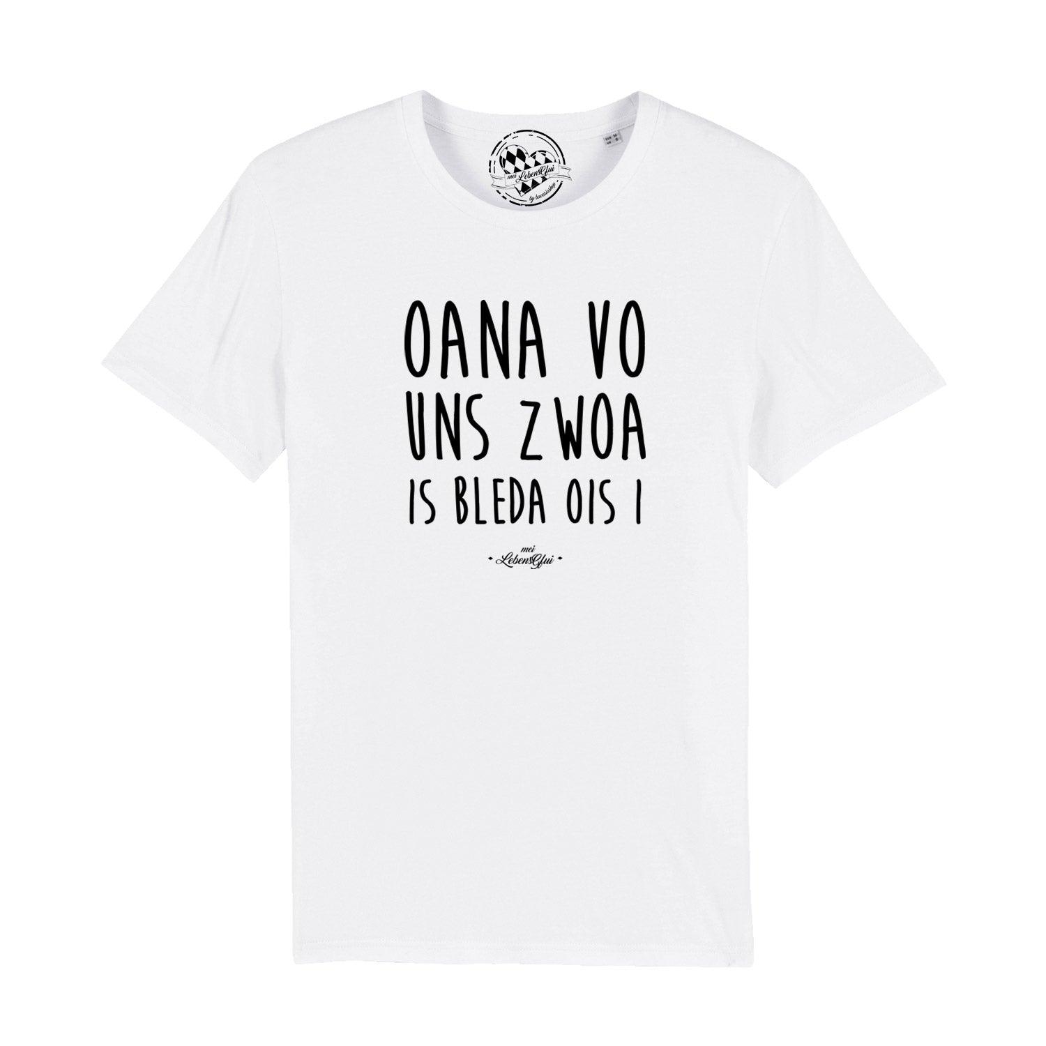 Herren T-Shirt mit bayerischem Schriftzug „Oana vo uns zwoa...“, Rundhalsausschnitt, aus 100 % Bio-Baumwolle.