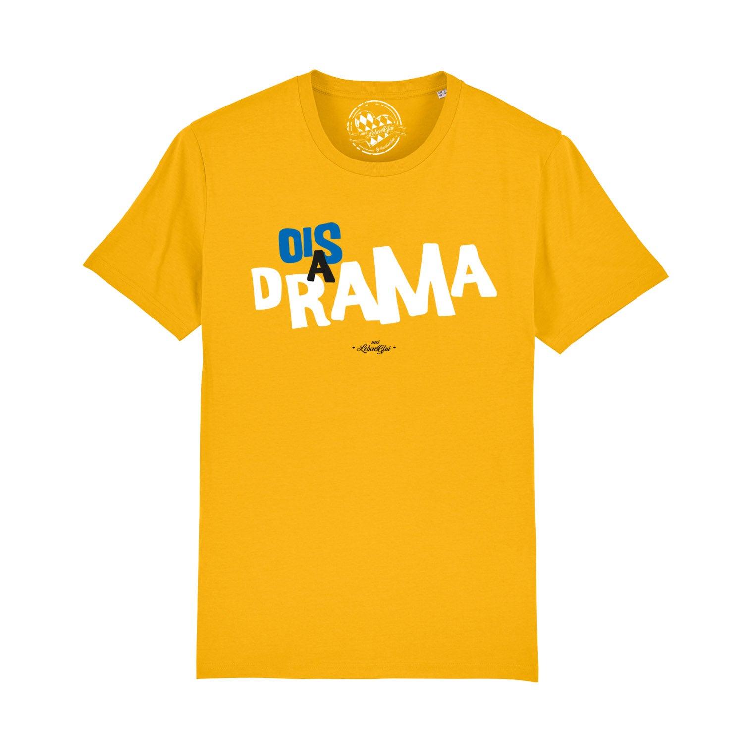 Schwarzes Herren-T-Shirt mit weißem Mundart-Schriftzug „Ois a Drama“, Rundhalsausschnitt, aus Bio-Baumwolle.