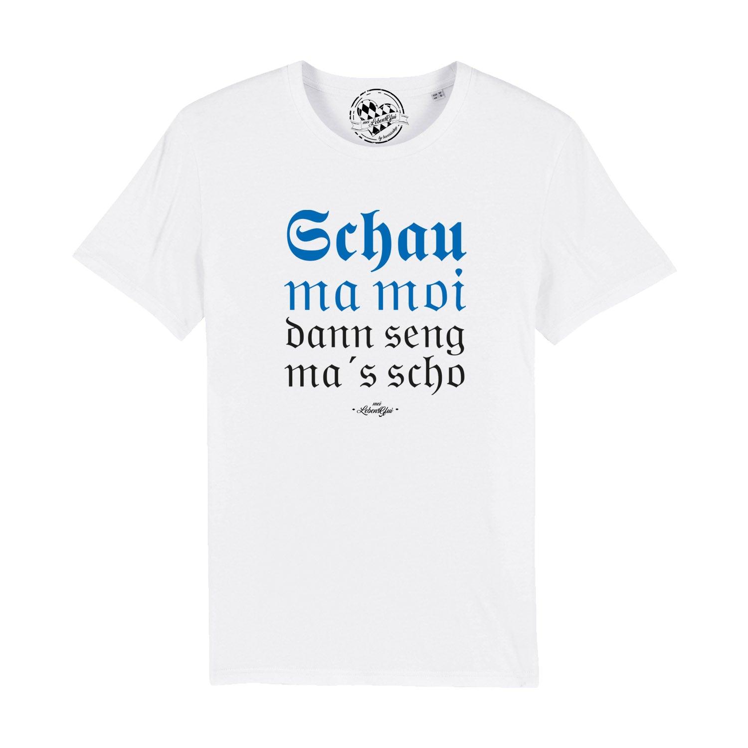 Herren T-Shirt in Grau mit weißem Schriftzug „Schau ma moi“, kurzärmelig, Rundhals, aus 100 % Bio-Baumwolle.