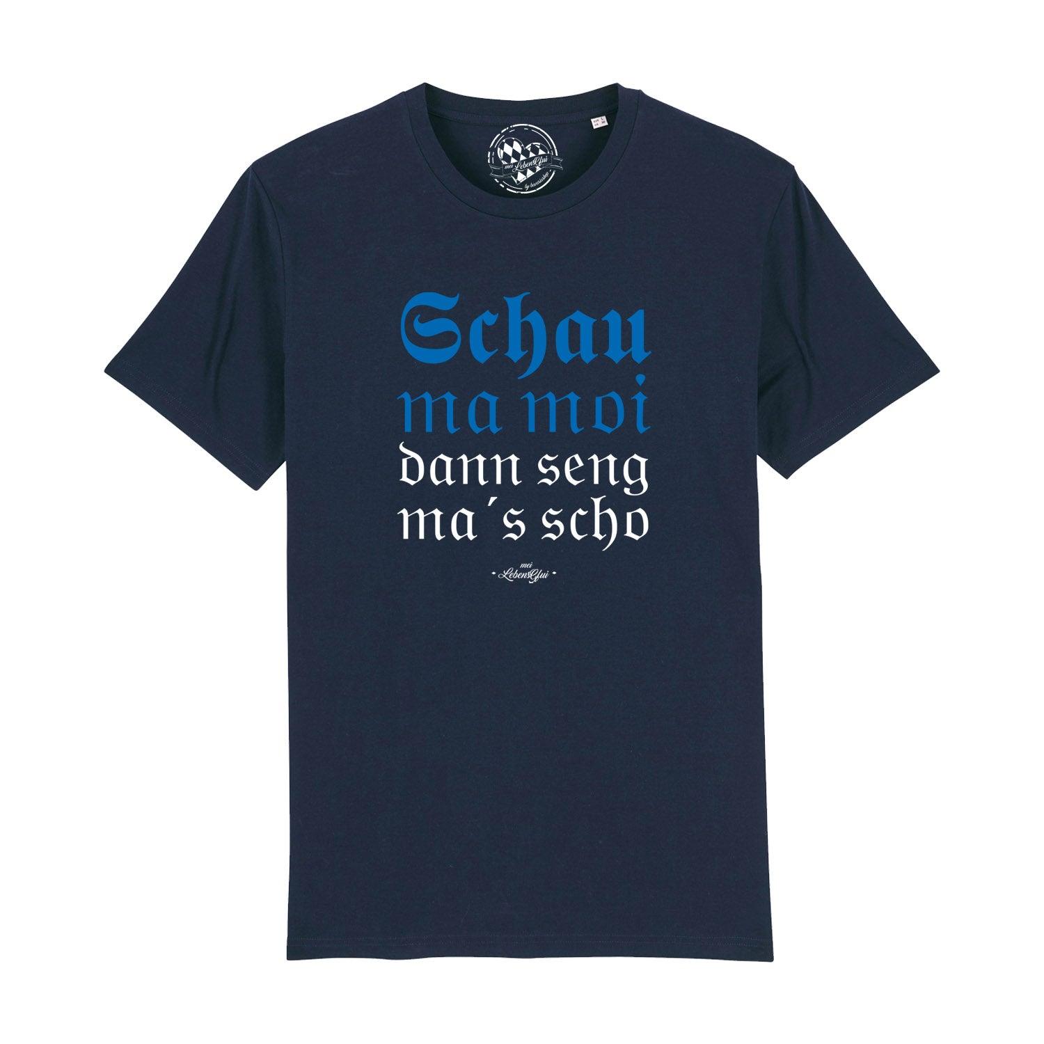 Schwarzes Herren-T-Shirt mit bayerischem Schriftzug „Schau ma moi“, Rundhalsausschnitt, aus 100 % Bio-Baumwolle.