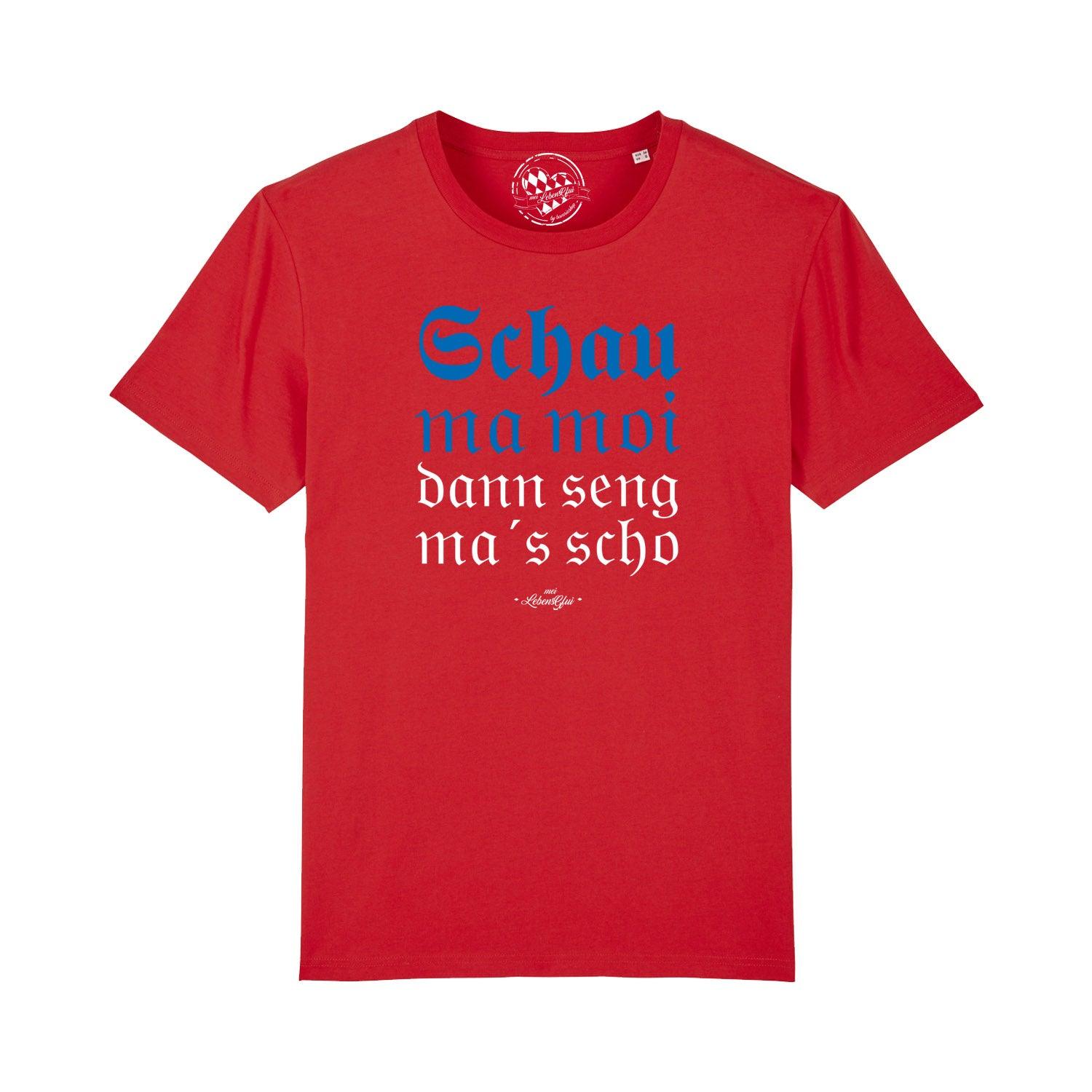 Schwarzes Herren-T-Shirt mit weißem Frontprint „Schau ma moi“ in bayerischer Mundart, aus 100 % Bio-Baumwolle