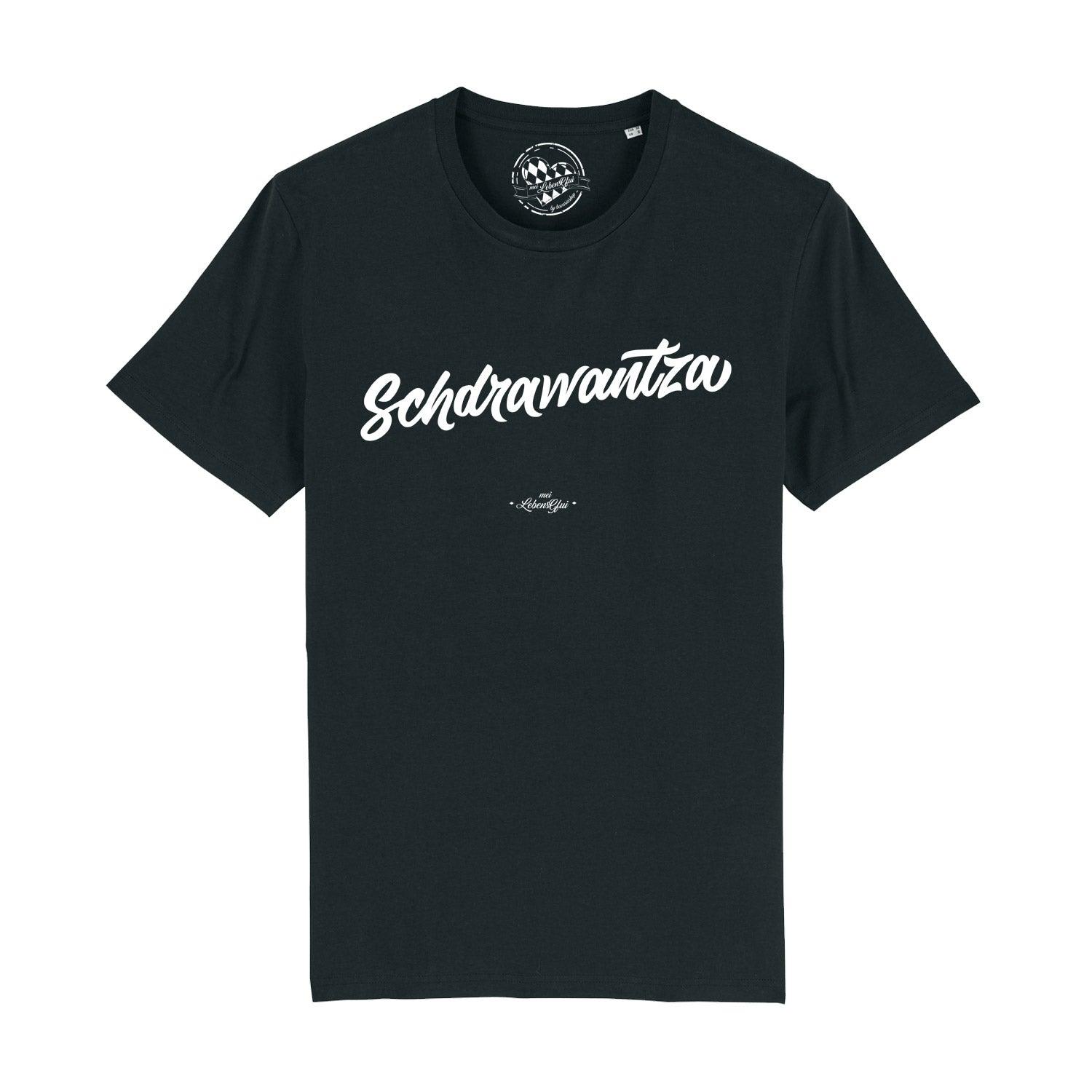 Schwarzes Herren-T-Shirt mit weißem SCHDRAWANTZA-Schriftzug, Rundhalsausschnitt, aus 100 % Bio-Baumwolle.