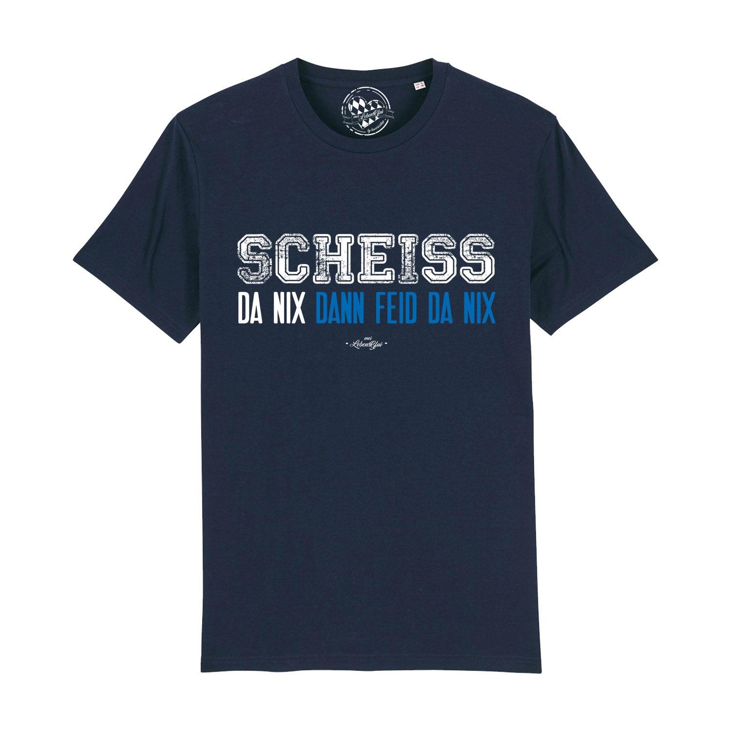 Schwarzes Herren-T-Shirt mit weißem Frontschriftzug „Scheiß da nix“, klassischer Schnitt, 100 % Bio-Baumwolle.