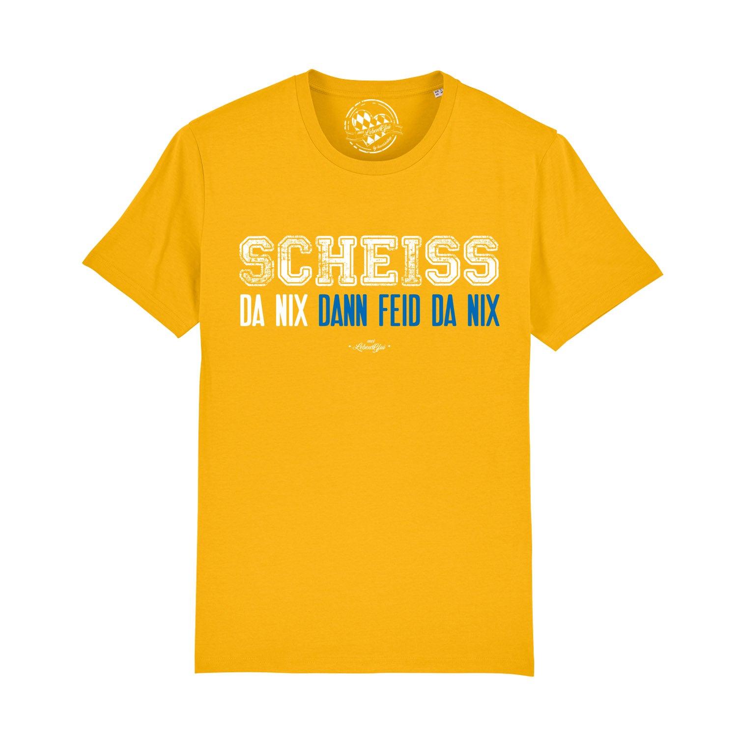 Graues Herren-T-Shirt mit bayerischem Schriftzug „Scheiß da nix“, Kurzarm, Rundhals, aus 100 % Bio-Baumwolle.