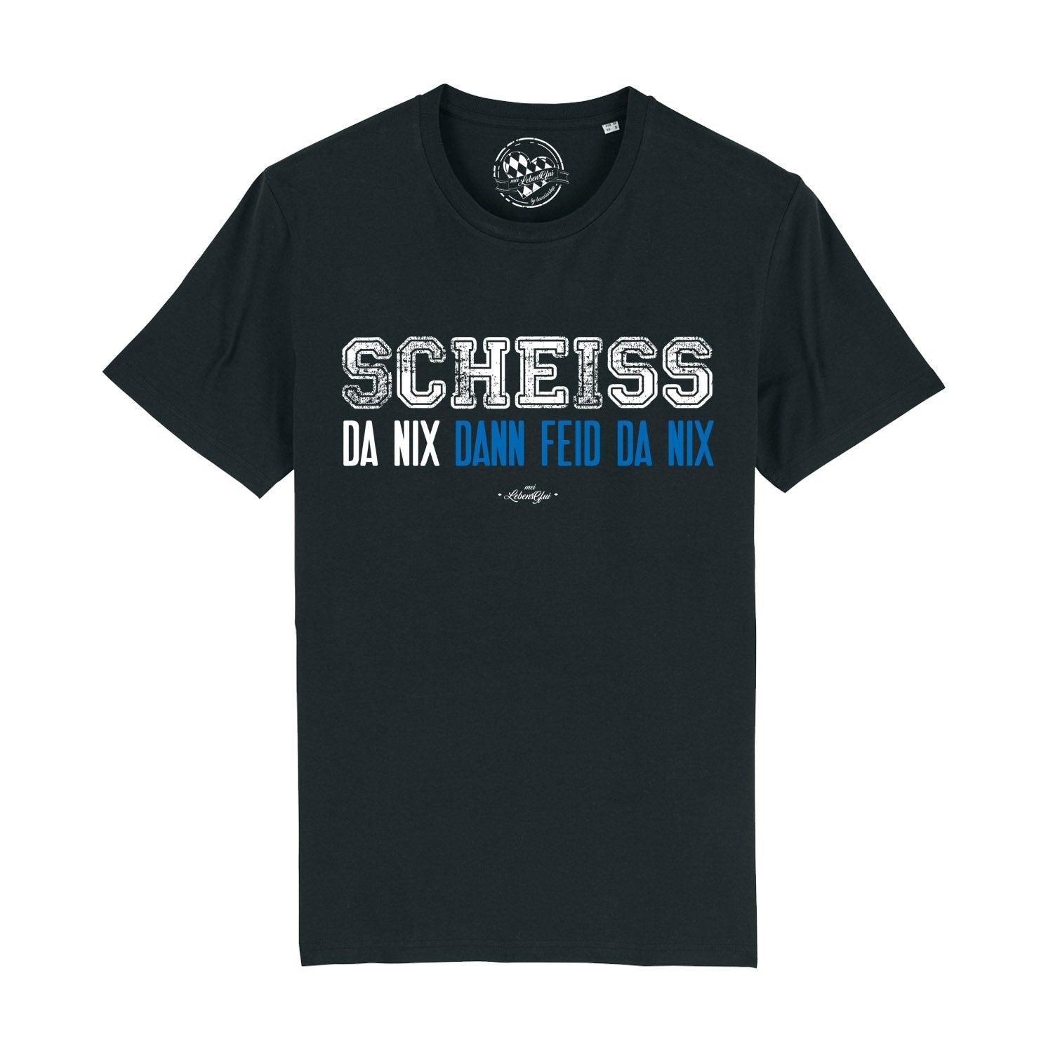 Schwarzes Herren-T-Shirt mit weißem Frontdruck „Scheiß da nix“, Rundhals, aus 100 % Bio-Baumwolle.