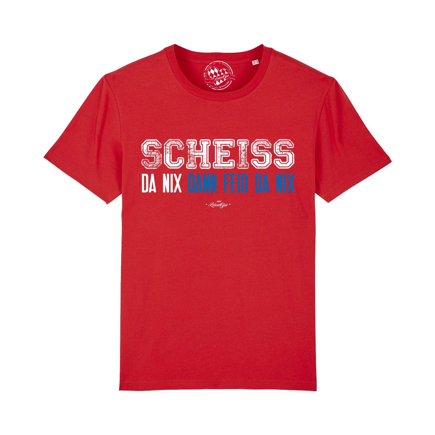 Schwarzes Herren-T-Shirt mit weißem Frontprint „Scheiß da nix“, aus 100 % Bio-Baumwolle, Rundhalsausschnitt.