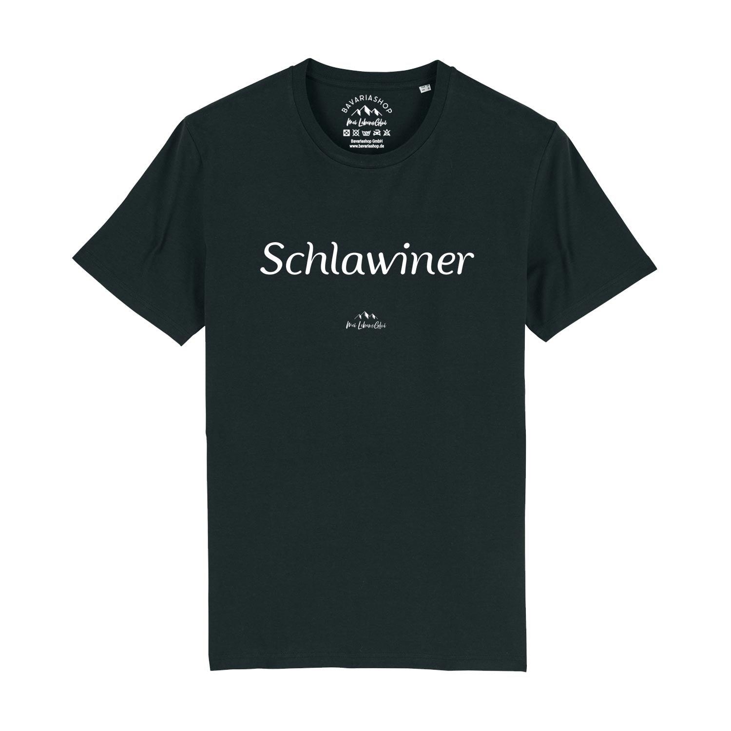 Herren T-Shirt mit "Schlawiner"-Schriftzug in bayerischer Mundart, Rundhals, 100 % Bio-Baumwolle, digital bedruckt.