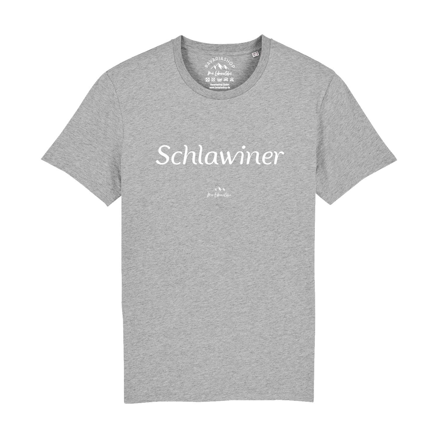 Herren T-Shirt mit „Schlawiner“-Schriftzug, kurzärmelig, sichtbarer Druck vorn, 100 % Bio-Baumwolle, Digitaldruck.